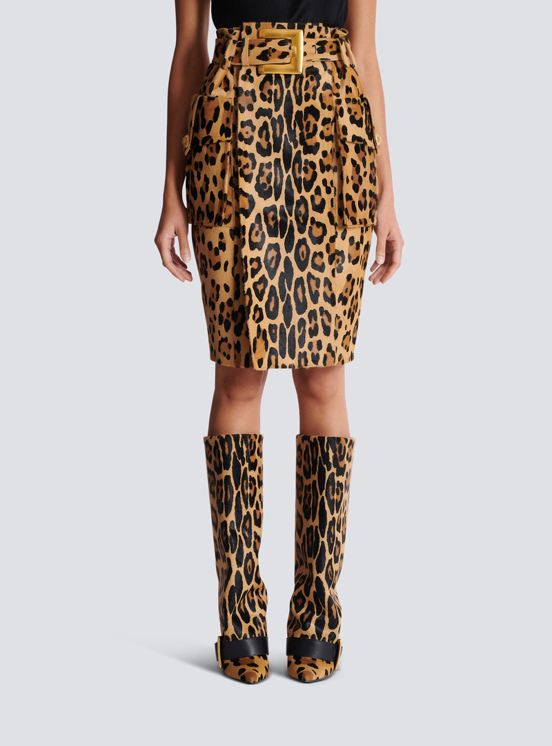 Ponyskin-style leather midi skirt with leopard pattern 5