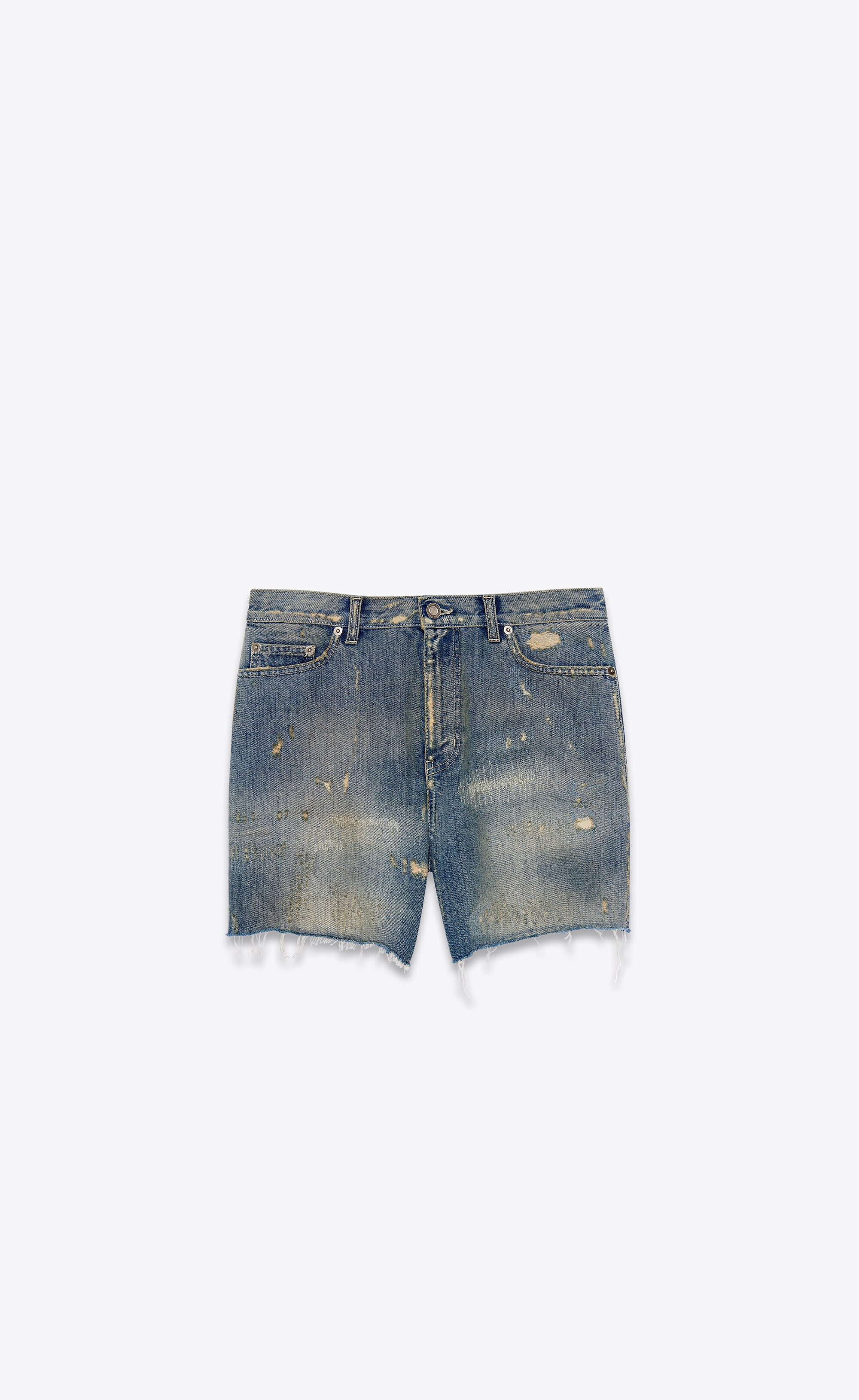 destroyed california shorts in repaired dirty blue denim - 1