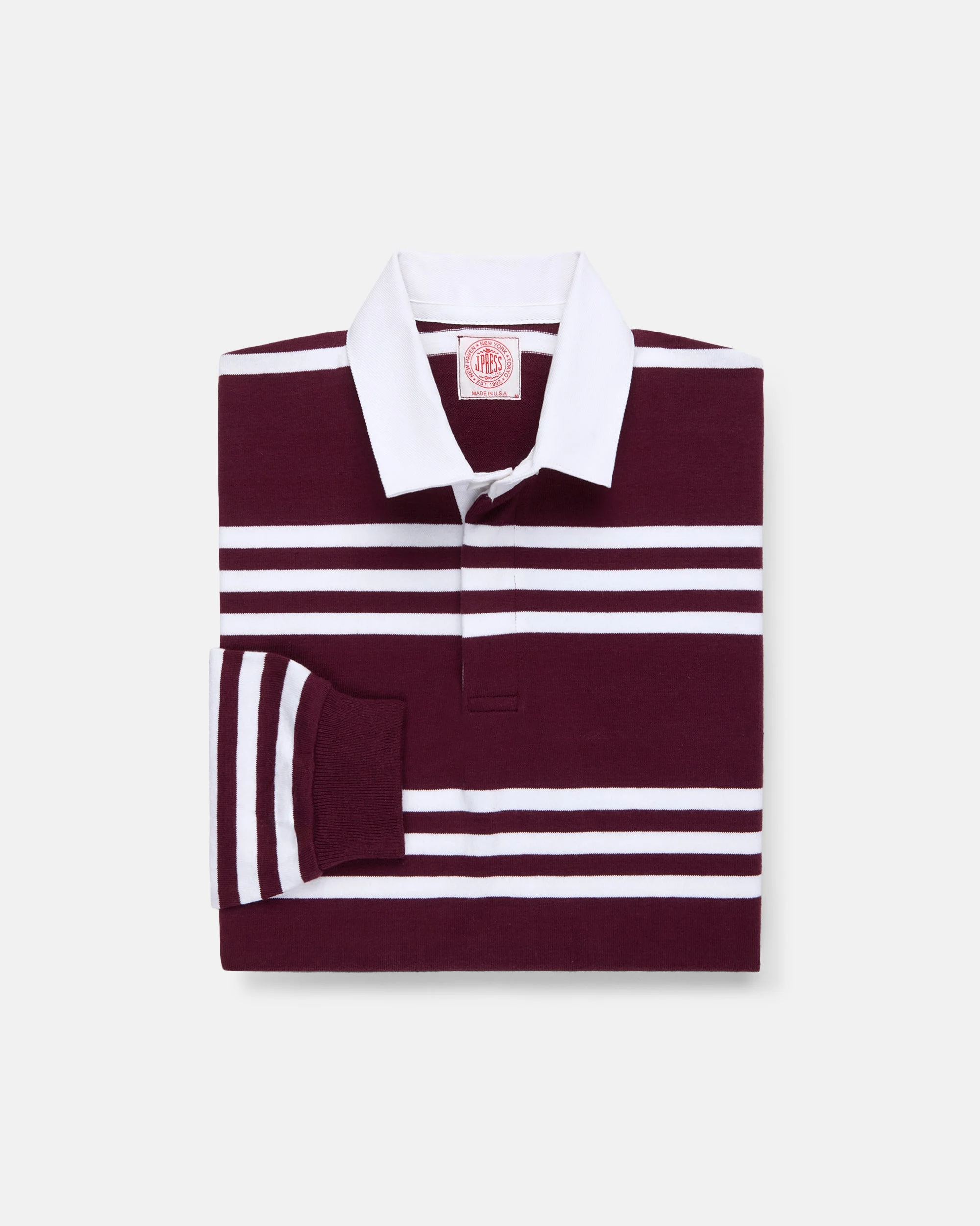 MADE-IN-USA BURGUNDY & WHITE TRIPLE STRIPE COTTON RUGBY - 1