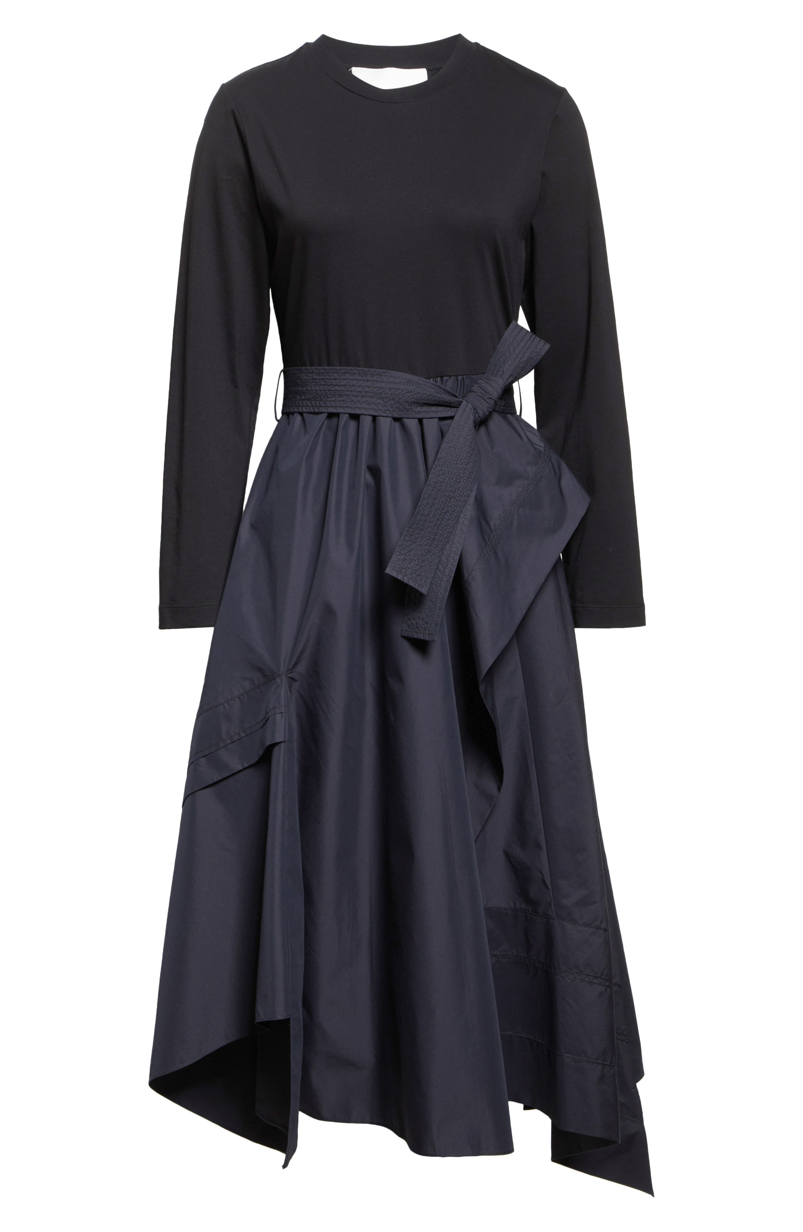 3.1 Phillip Lim Mixed Media Long Sleeve Handkerchief Hem Cotton Blend Dress in Black/Midnight at Nor - 5