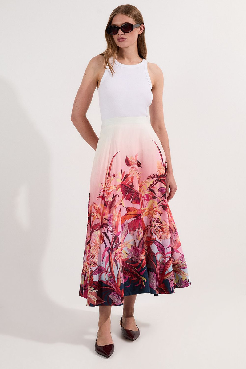 Tropical Floral Silk Cotton Woven Prom Skirt 1