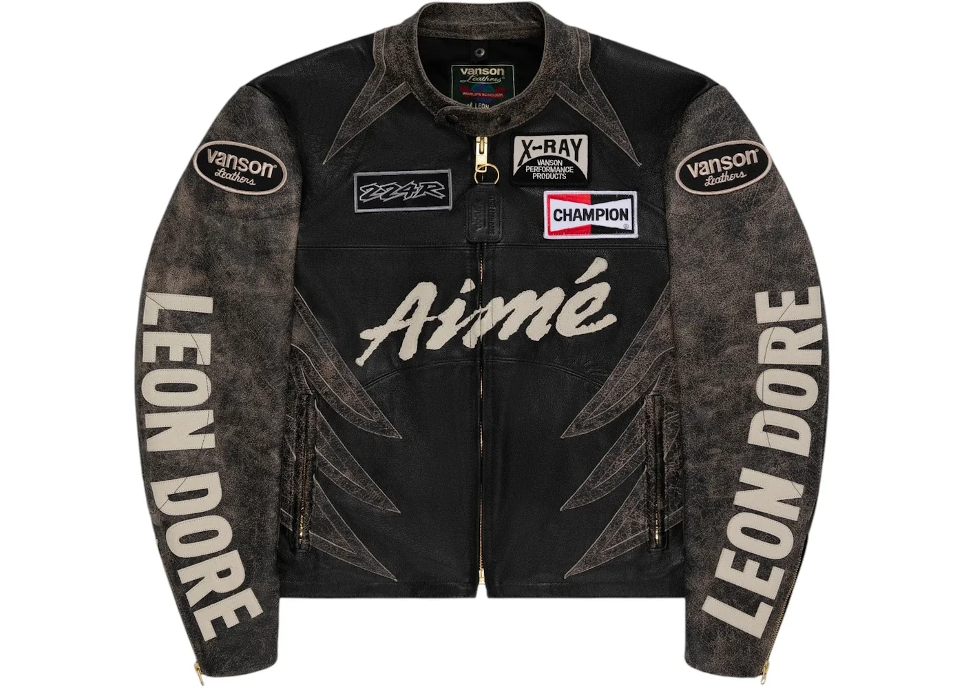 Aime Leon Dore x Vanson Distressed Leather Moto Jacket Black/Cream - 1