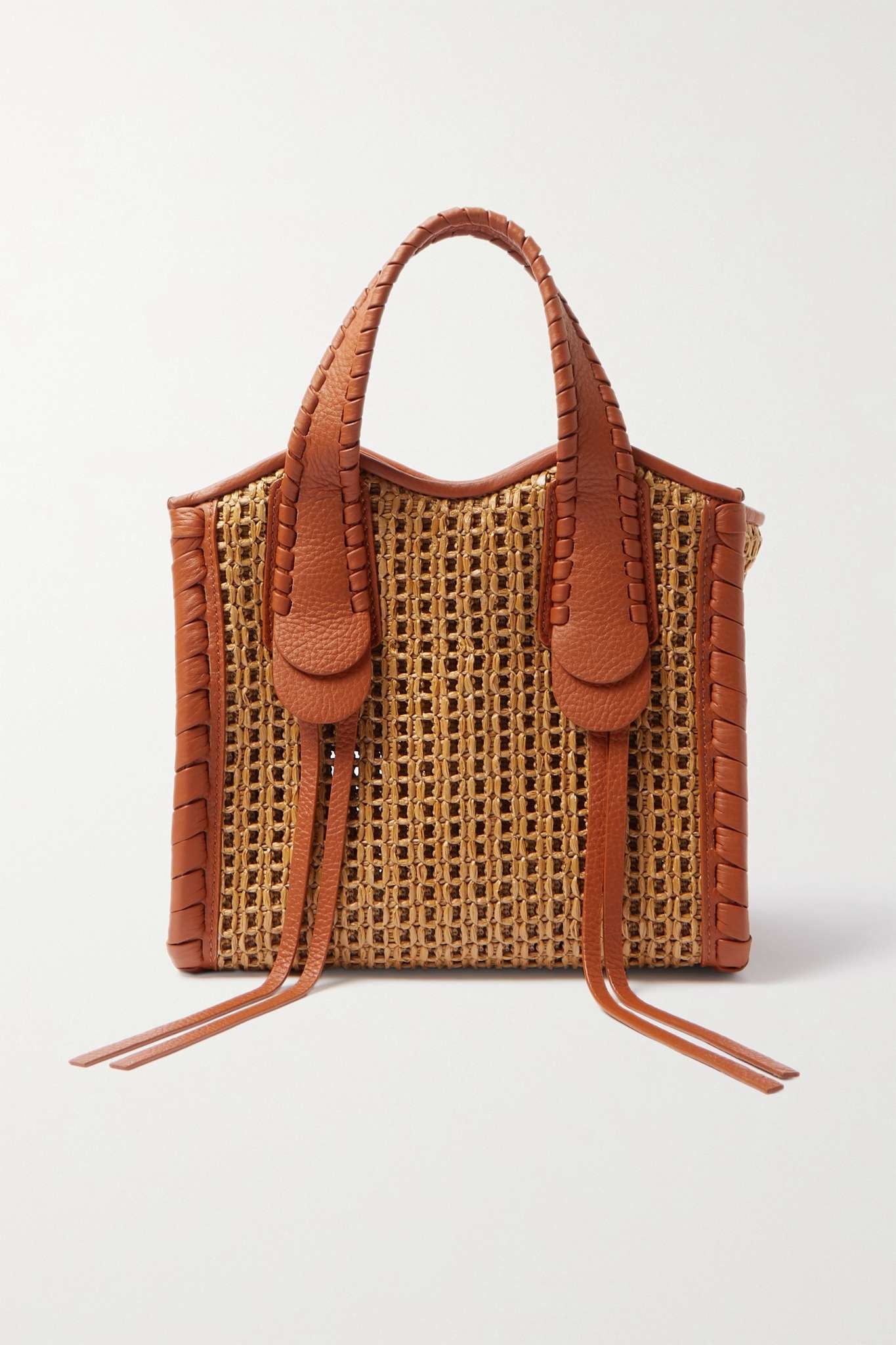 Mony small whipstitched leather-trimmed raffia tote - 1