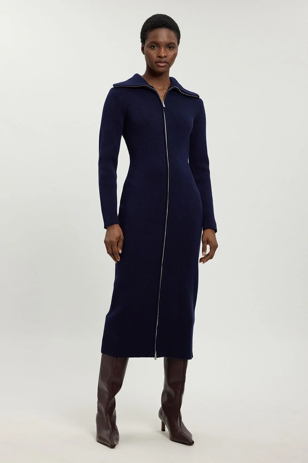 Cotton Zip Through Collar Knitted Midi Dress - 1
