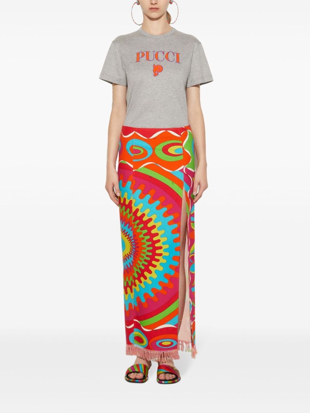 geometric print frayed maxi skirt - 2