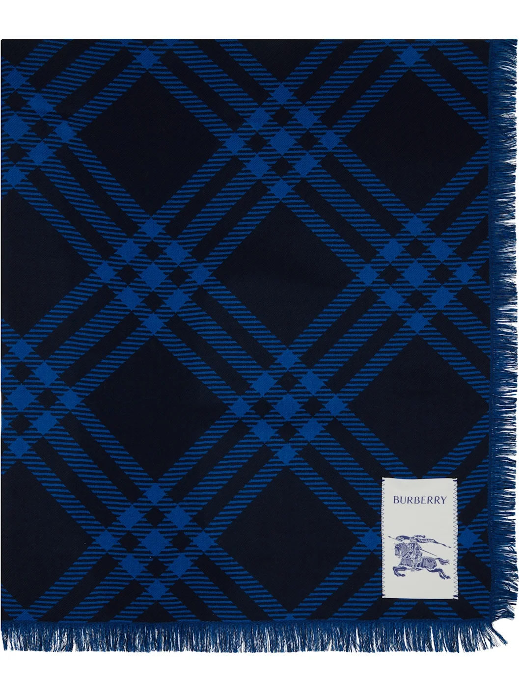 Navy Wide Check Wool Silk Scarf - 1