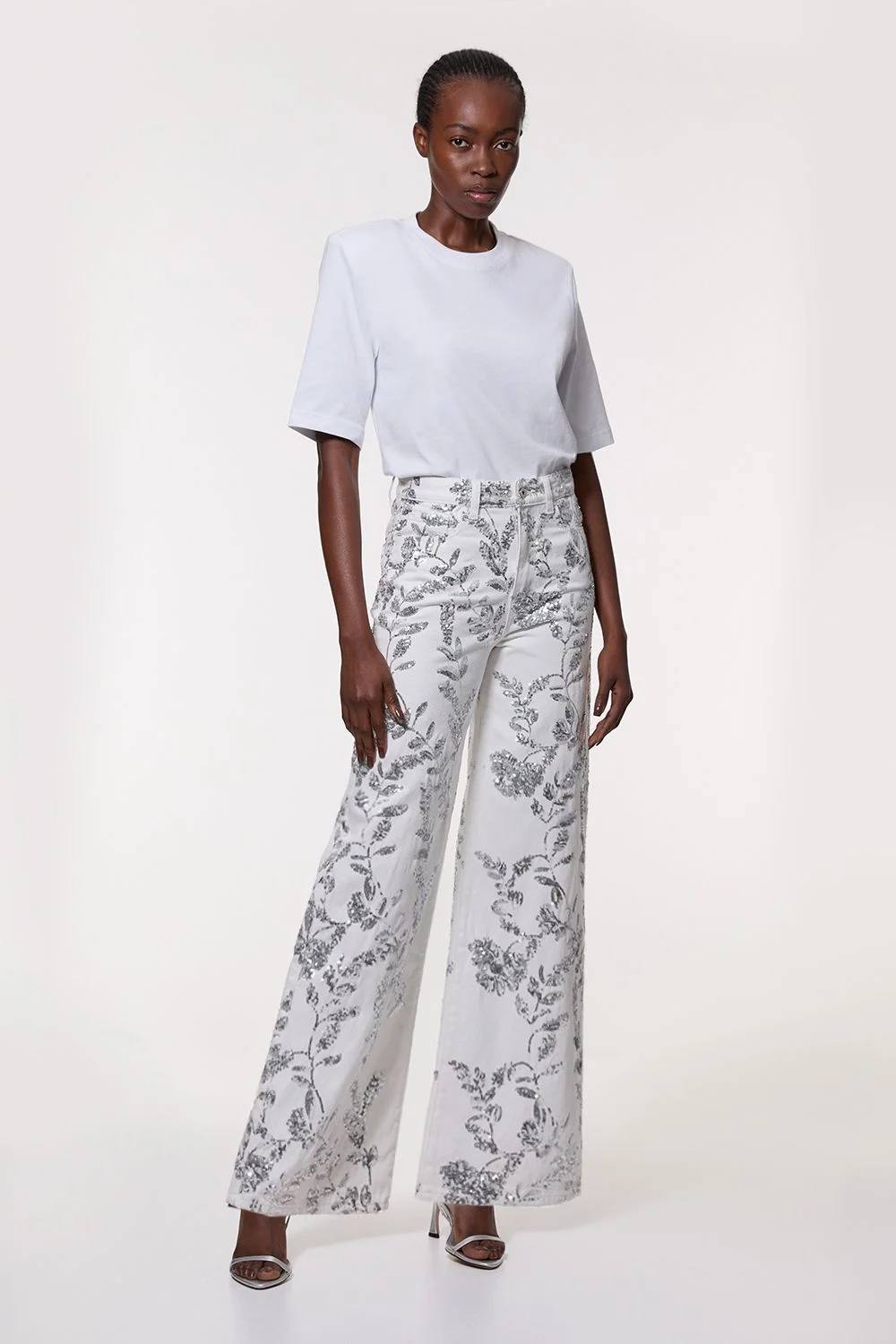 Denim All Over Floral Sequin Wide Leg Trousers - 1