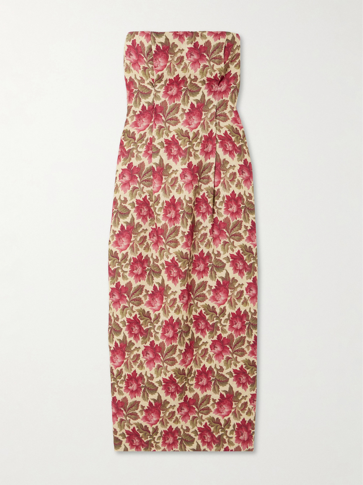 Rosalie Strapless Pintucked Floral-print Linen Midi Dress - 1