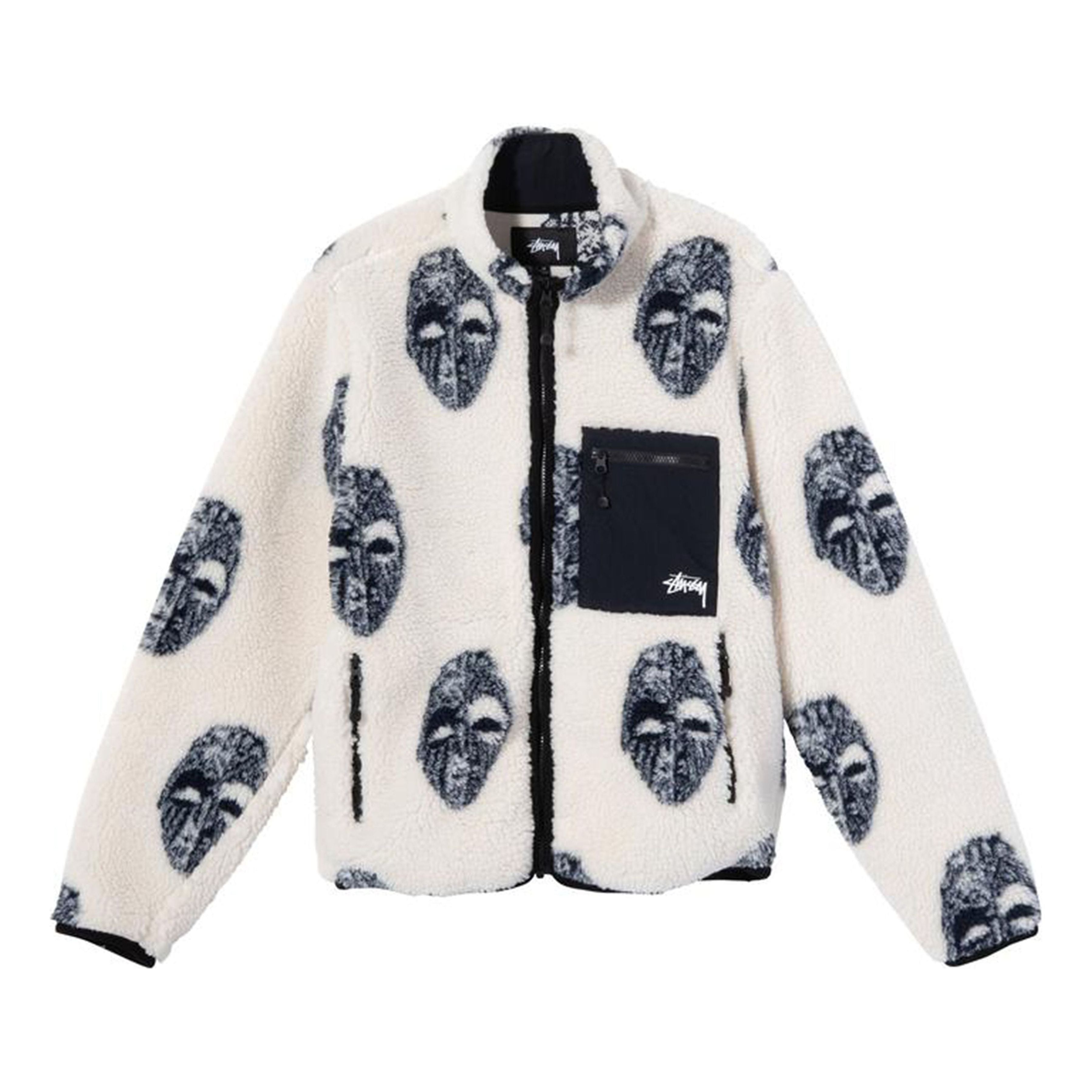 Men's Stussy Mask Jacquard Sherpa Stand Collar Jacket White 118389 - 1