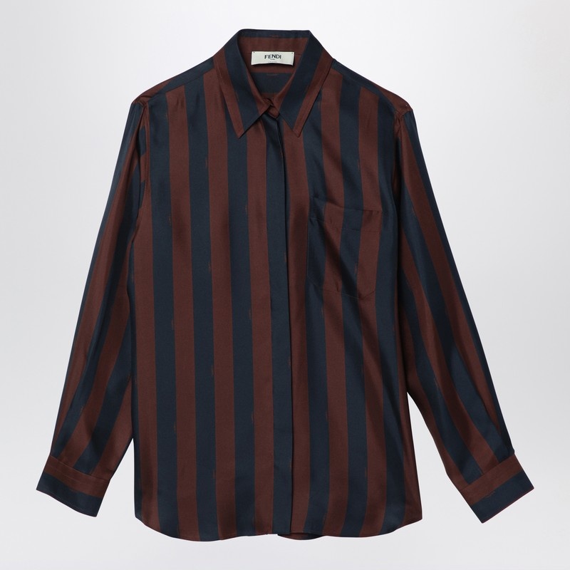 Fendi Navy Blue/Brown Pequin Silk Shirt Women - 1