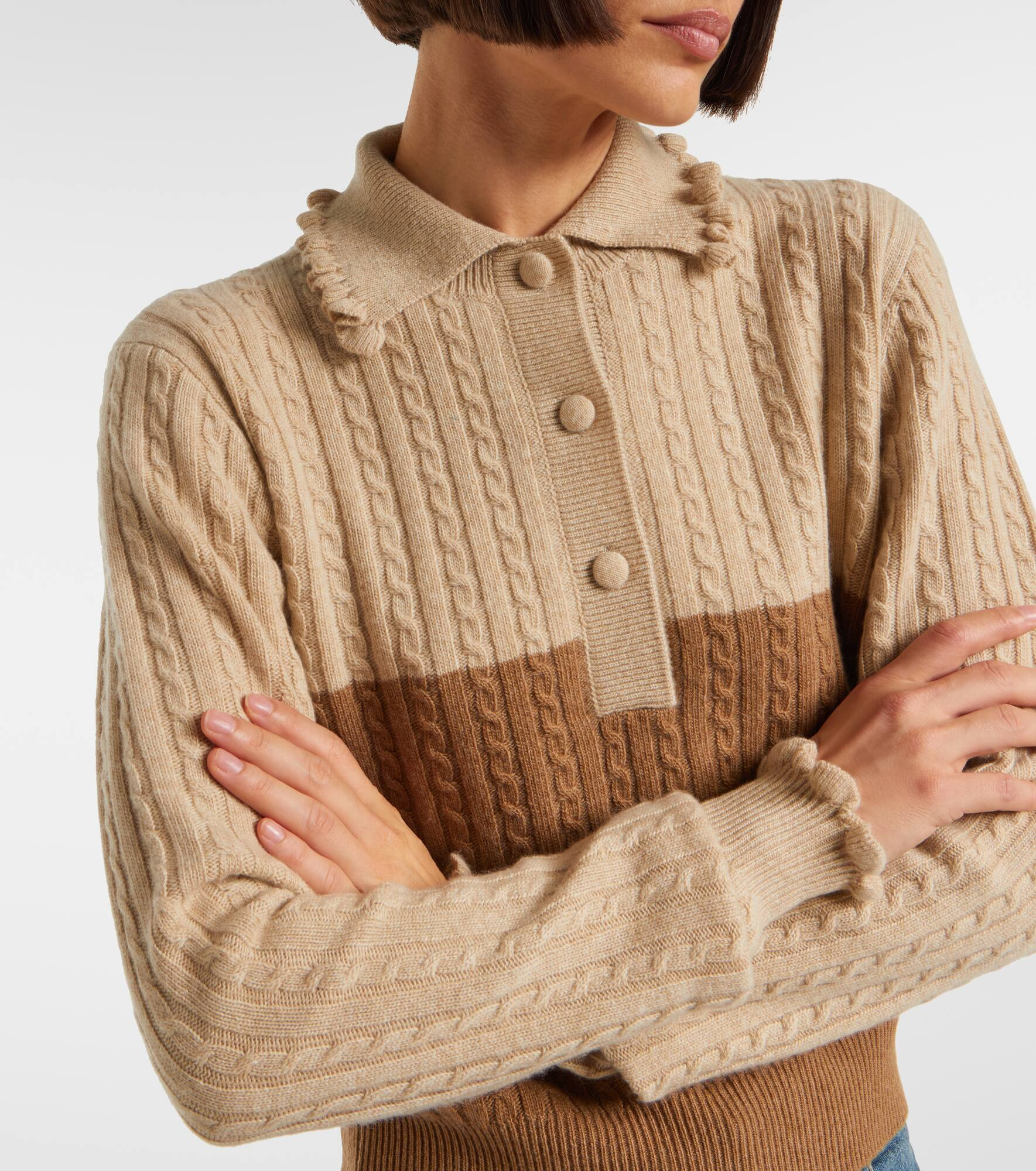 Cable-knit ruffled wool and cashmere polo sweater - 4