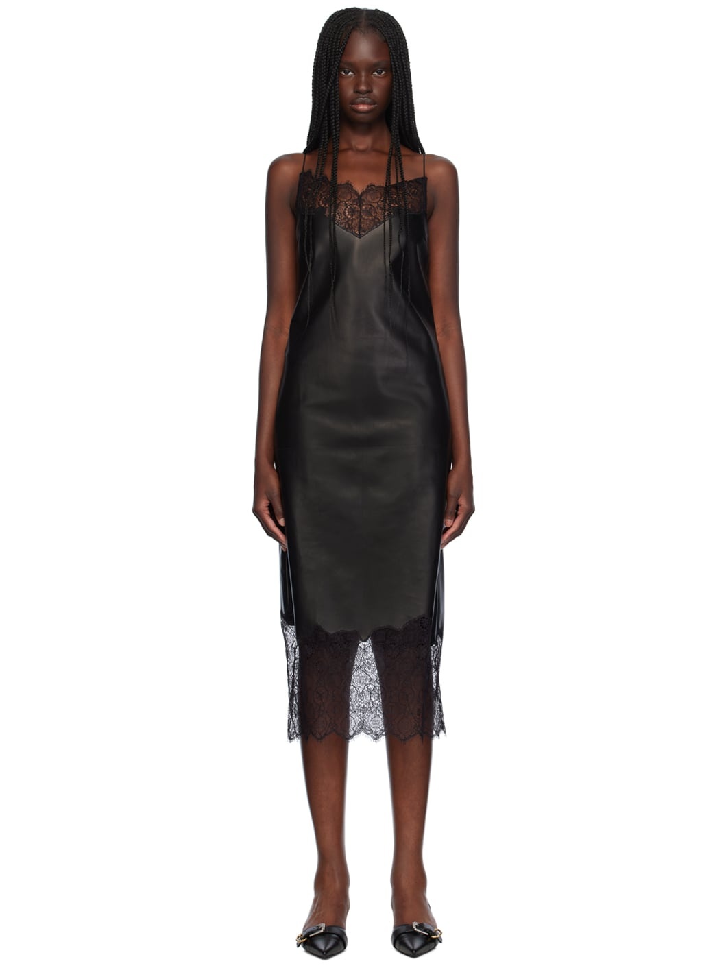 Black Lace Trim Leather Midi Dress - 1