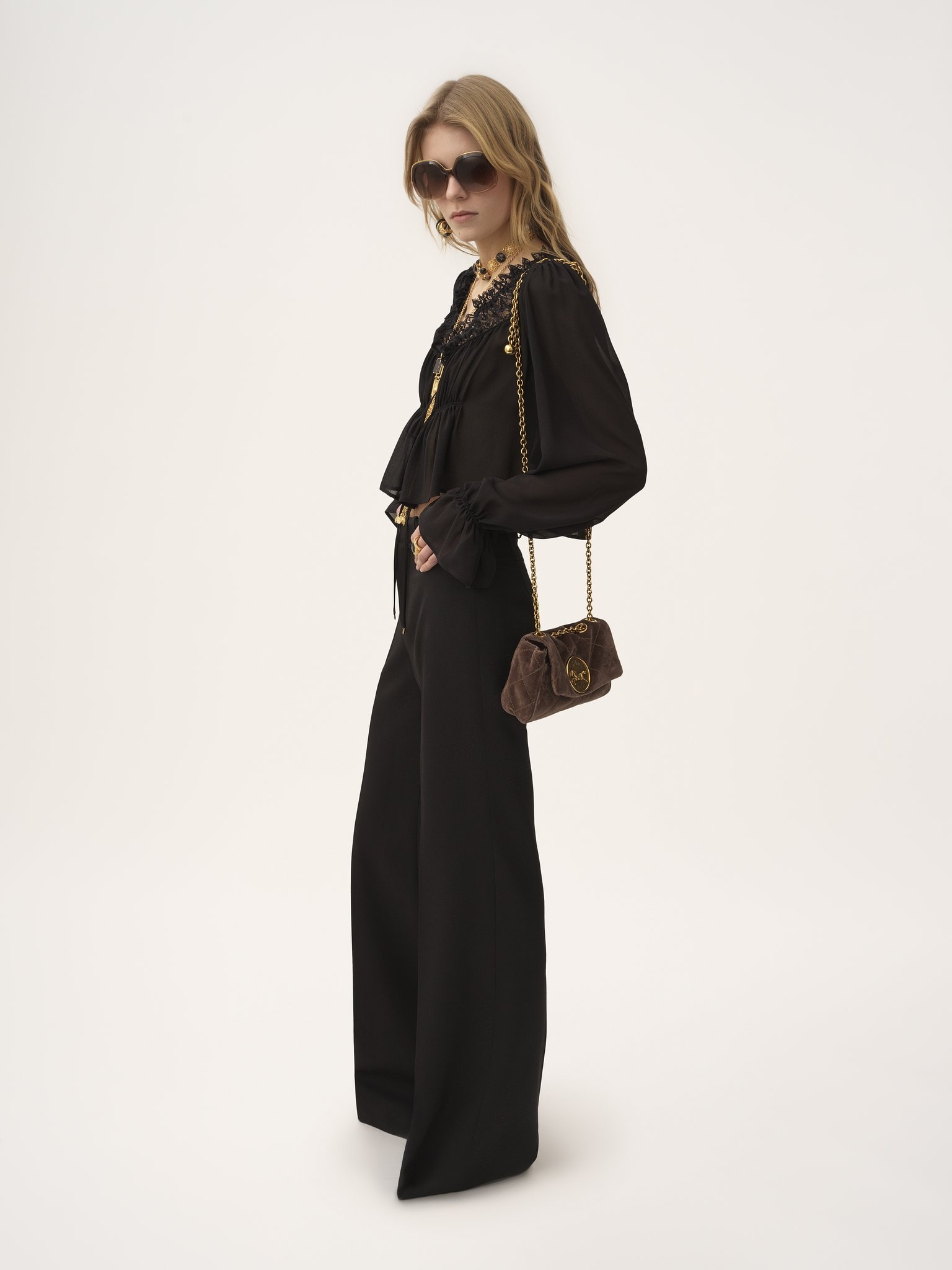 SCOOP-NECK CROPPED TOP IN SILK GEORGETTE & LACE - 3