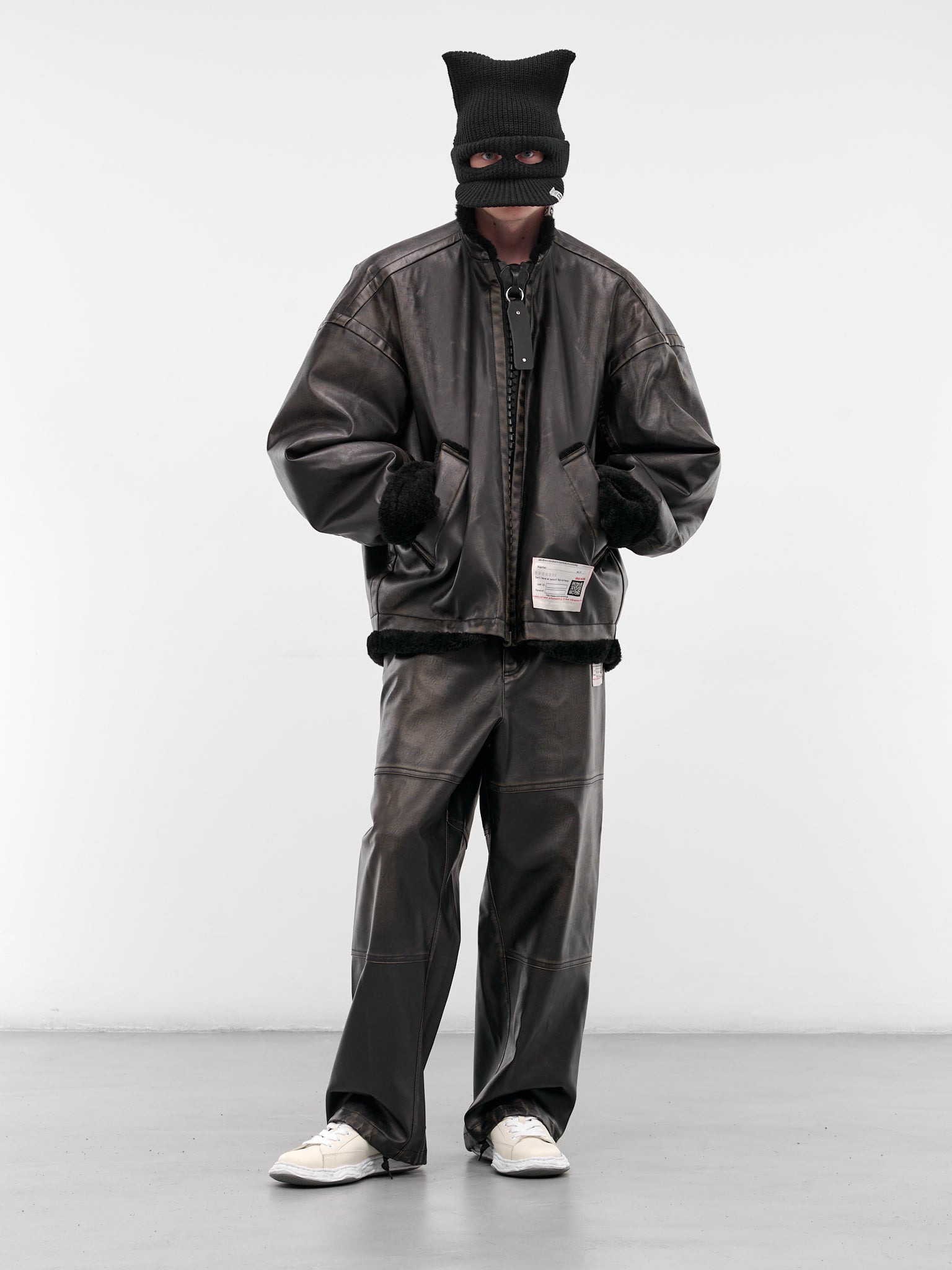 Black Oversized Leather Shearling Jacket - 6