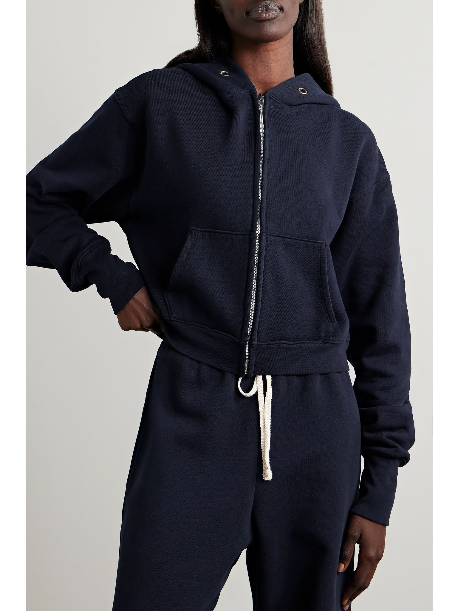 Zendaya cropped cotton-jersey zip-up hoodie Navy - 3
