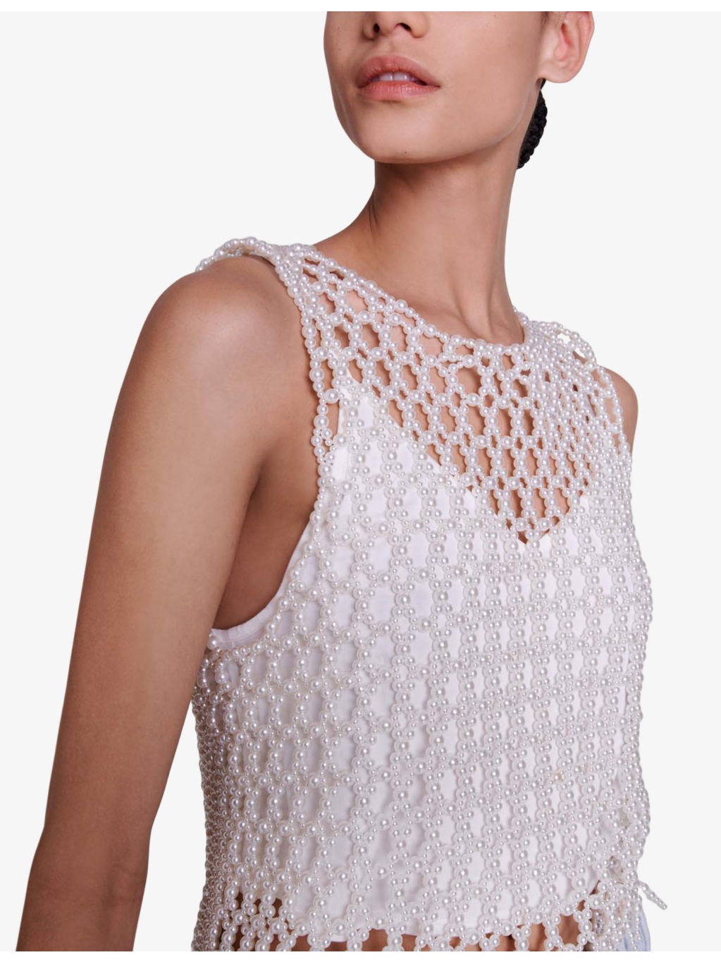 Bead-embellished cropped stretch-woven top - 5