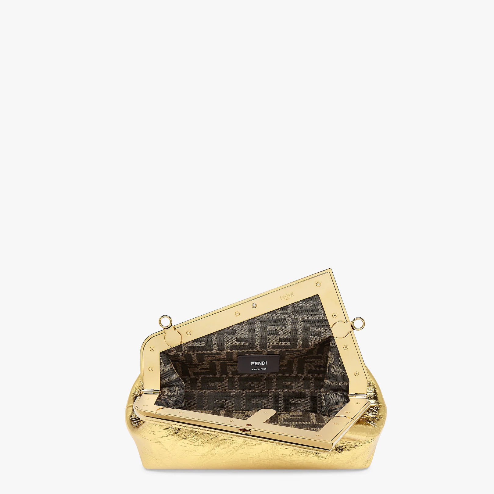 Small Fendi First bag in gold craquelé-effect laminated leather with an oversized F metal clasp with - 4