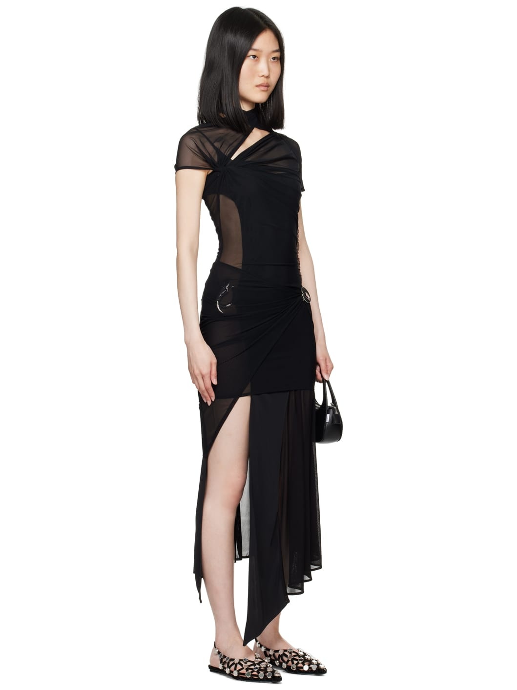Black Asymmetric Draped Minidress - 2