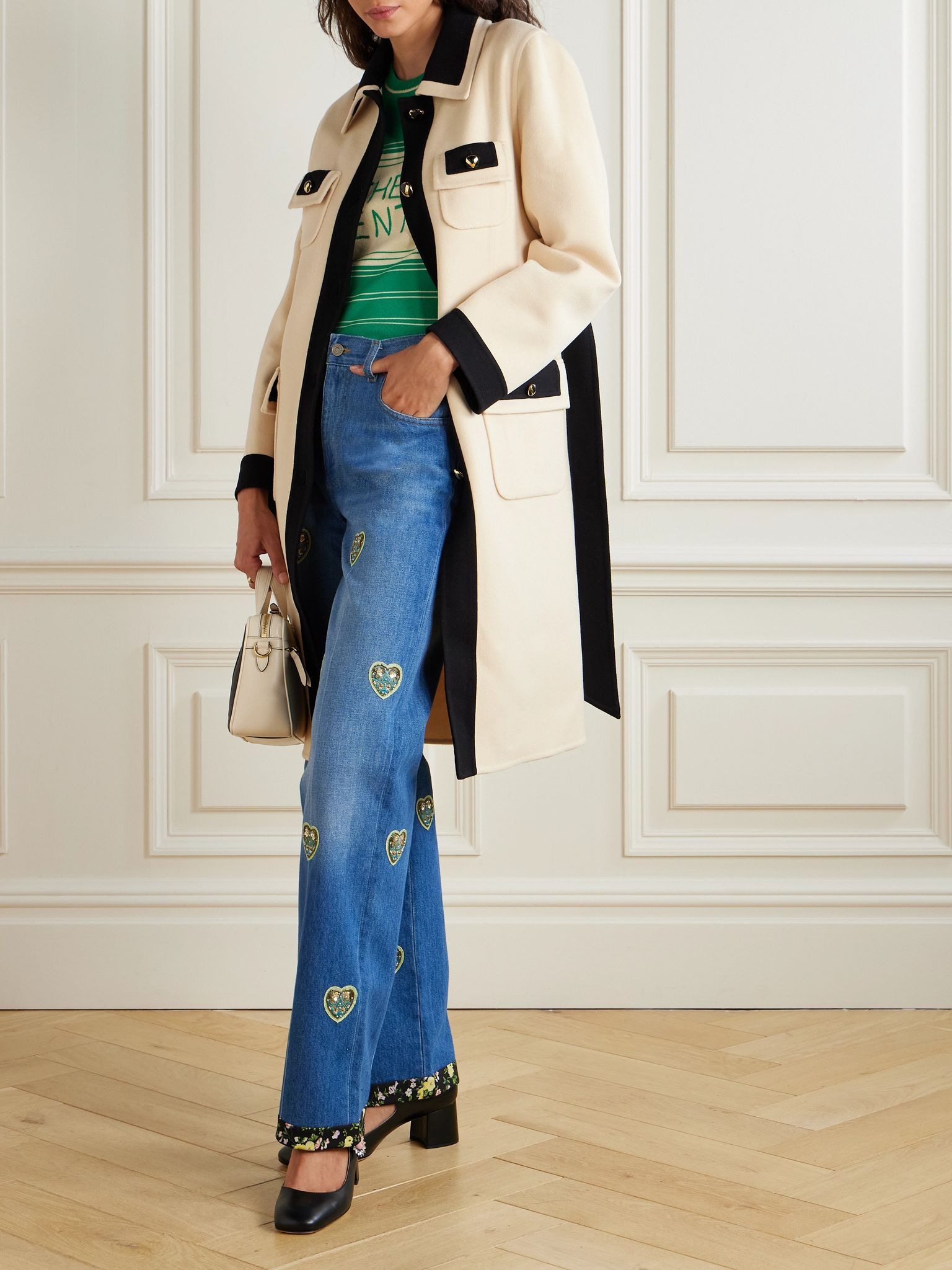 Belted two-tone brushed wool and cashmere-blend coat Cream - 2