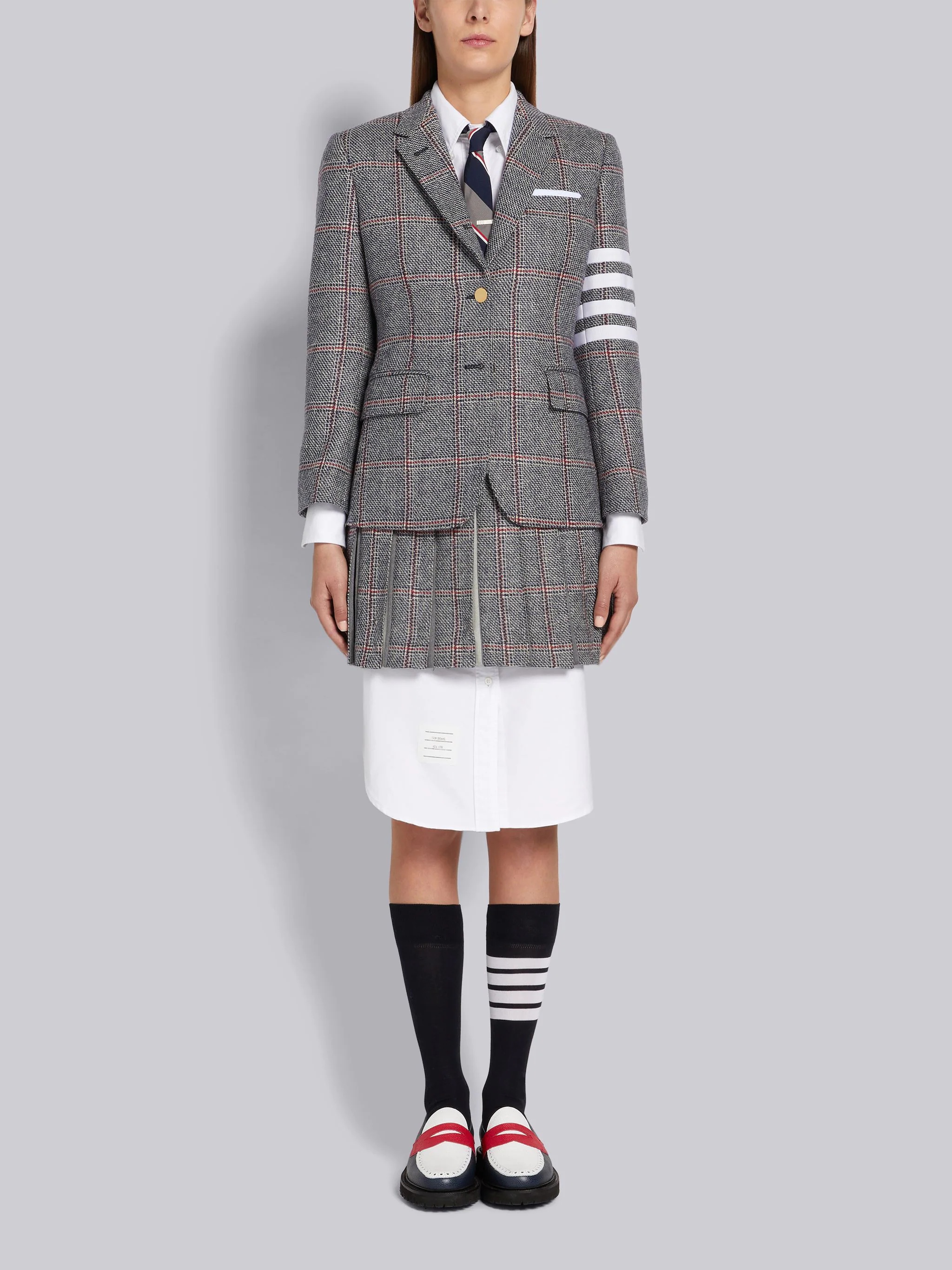 Multicolor Step Twill Windowpane British Wool Shadow Stripe Cotton Pleat Dropped Back Miniskirt - 4