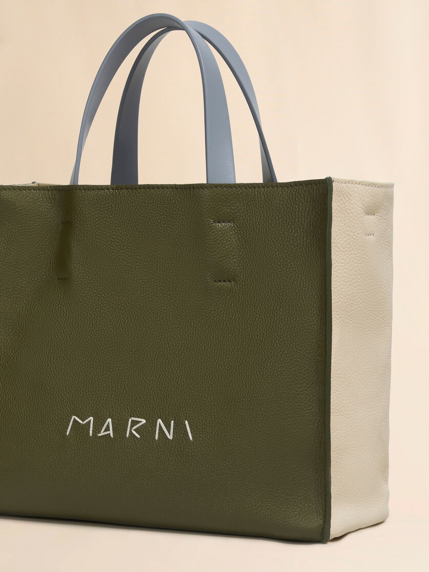 DEEP GREEN CREAM AND BLUE LEATHER MUSEO SOFT TOTE BAG WITH MARNI MENDING - 5