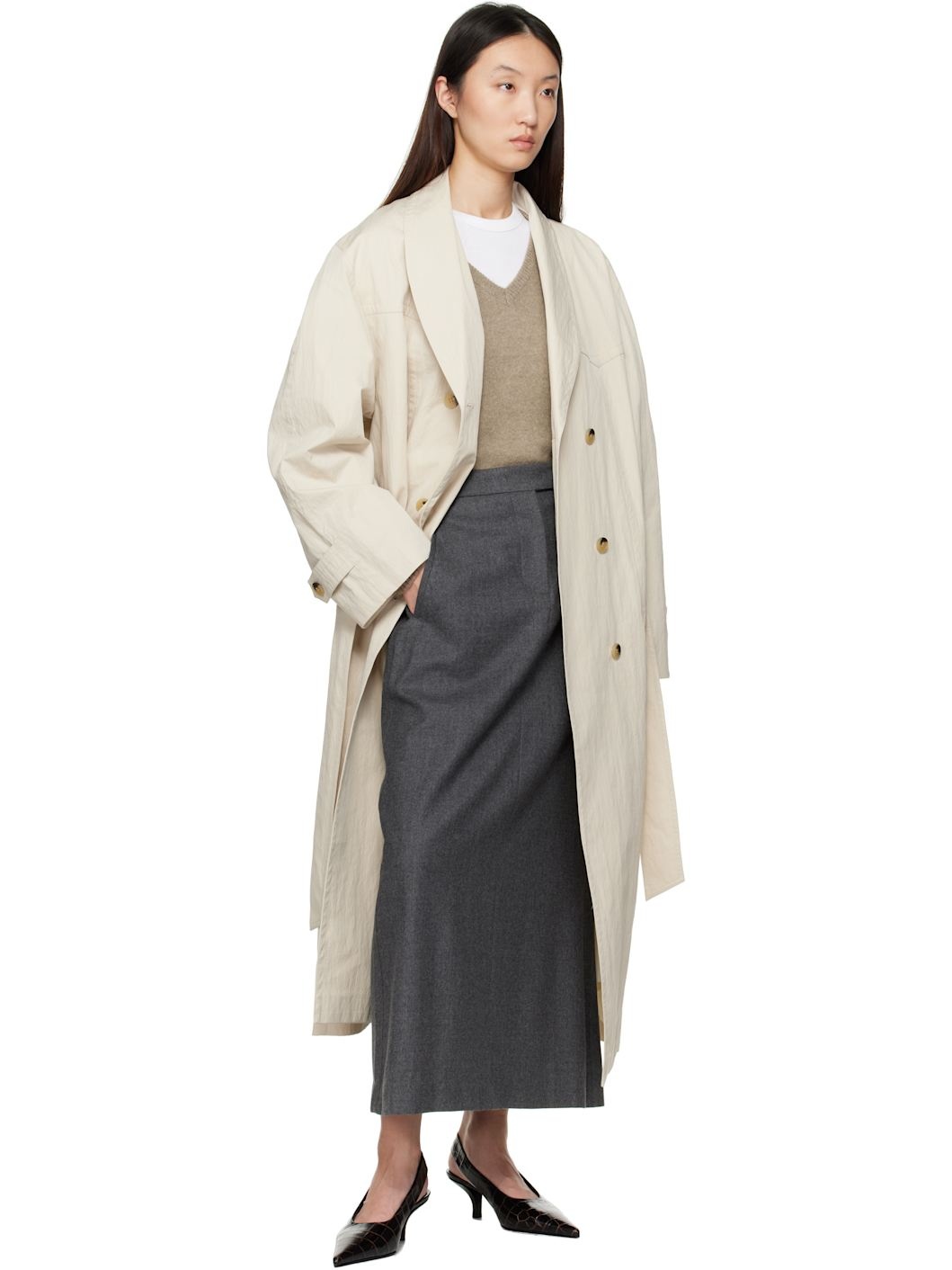 Beige Double-Breasted Trench Coat - 4