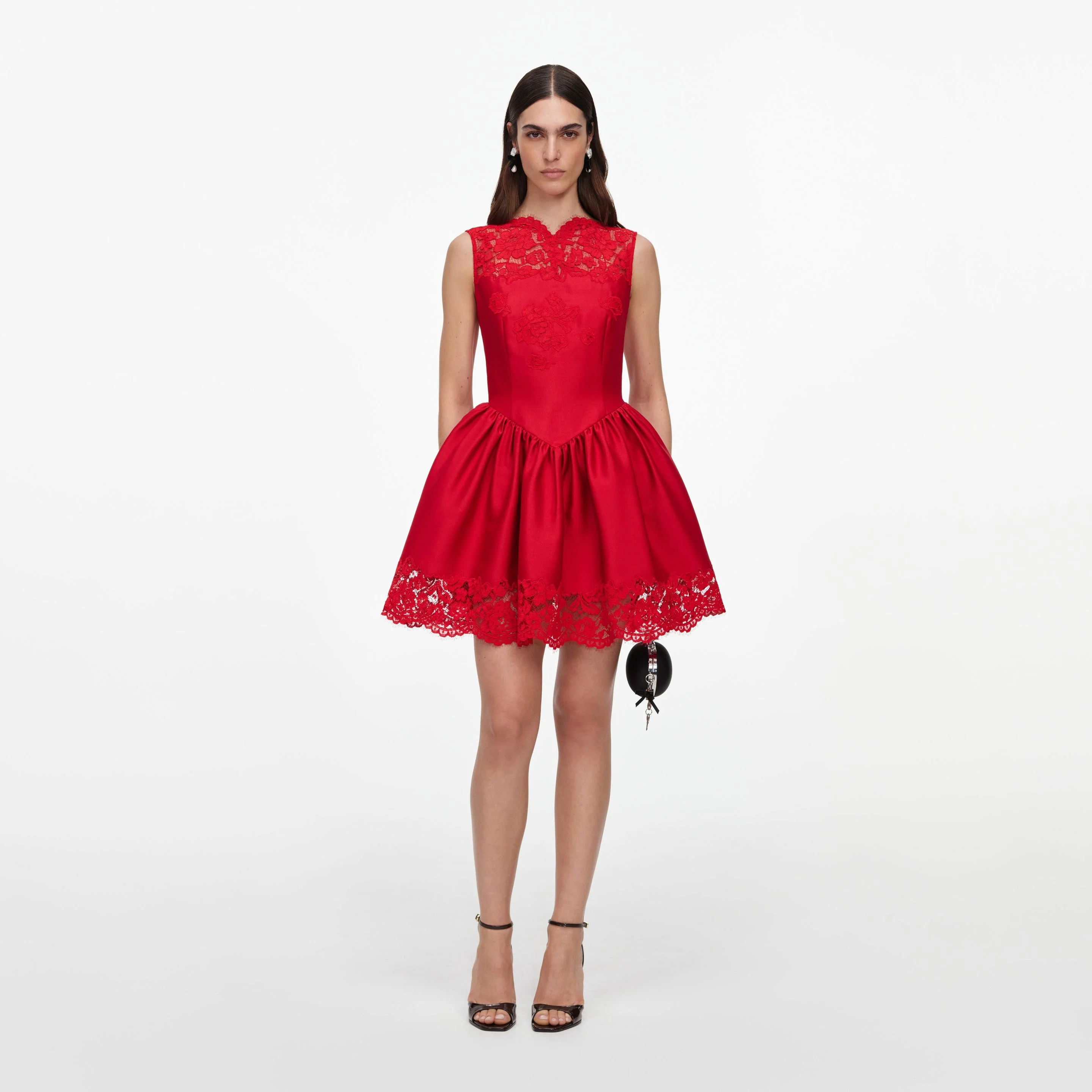 Red Taffeta Lace Mini Dress - 1
