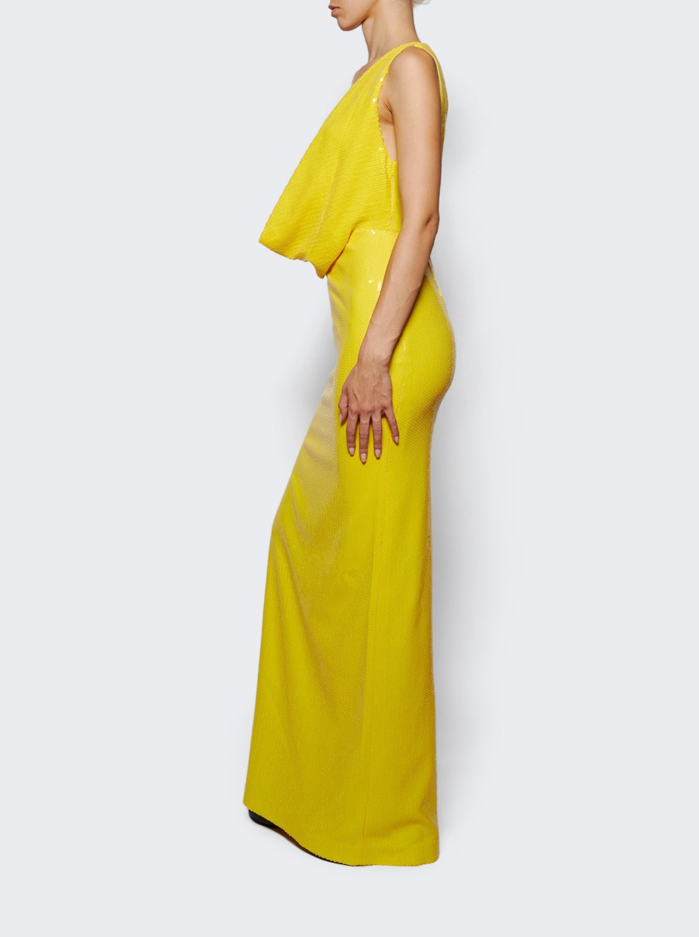 Draped Cowl Column In Mesh Sequin Yellow - 3