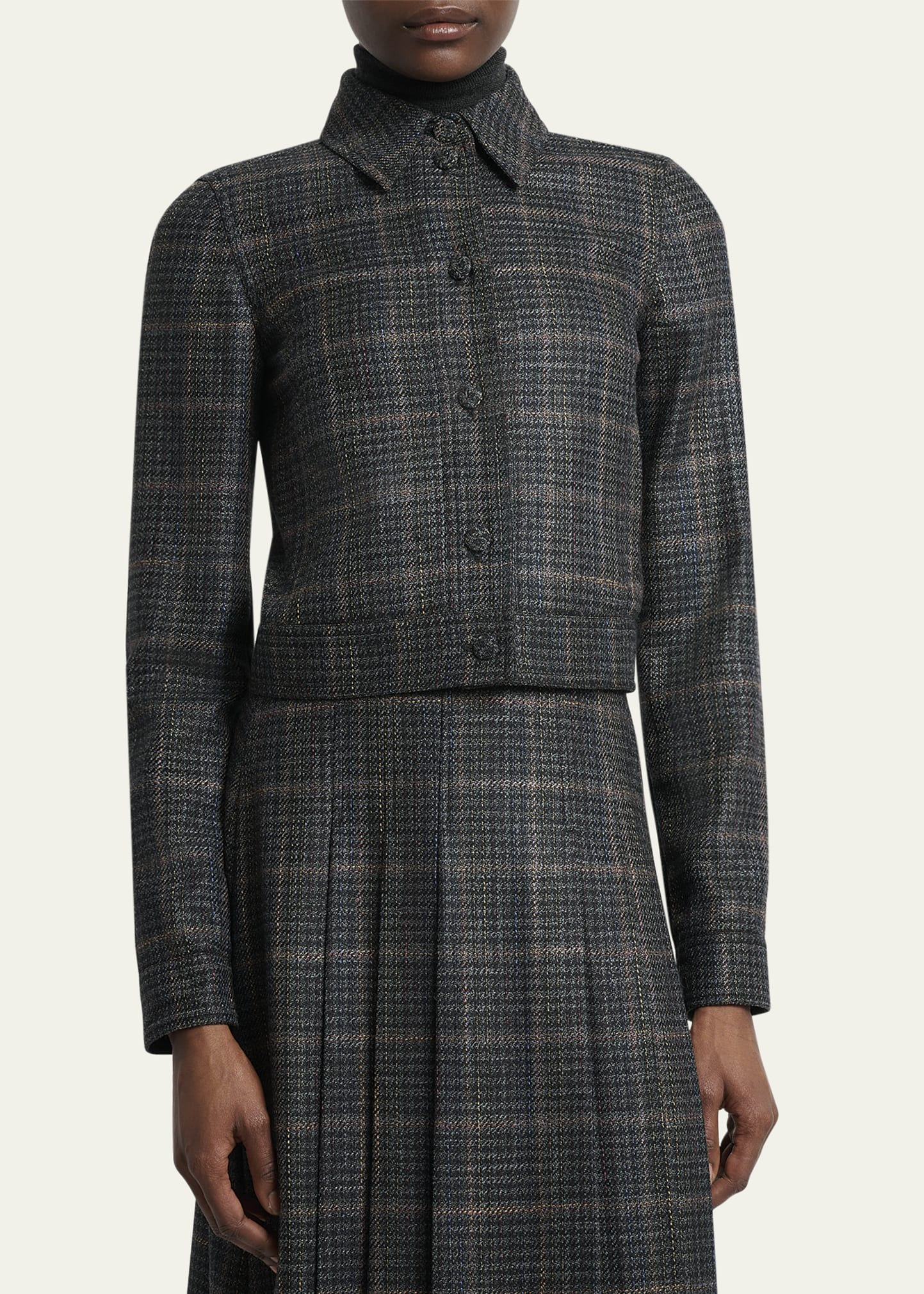 Thereza Cropped Wool Silk Plaid Jacket - 4