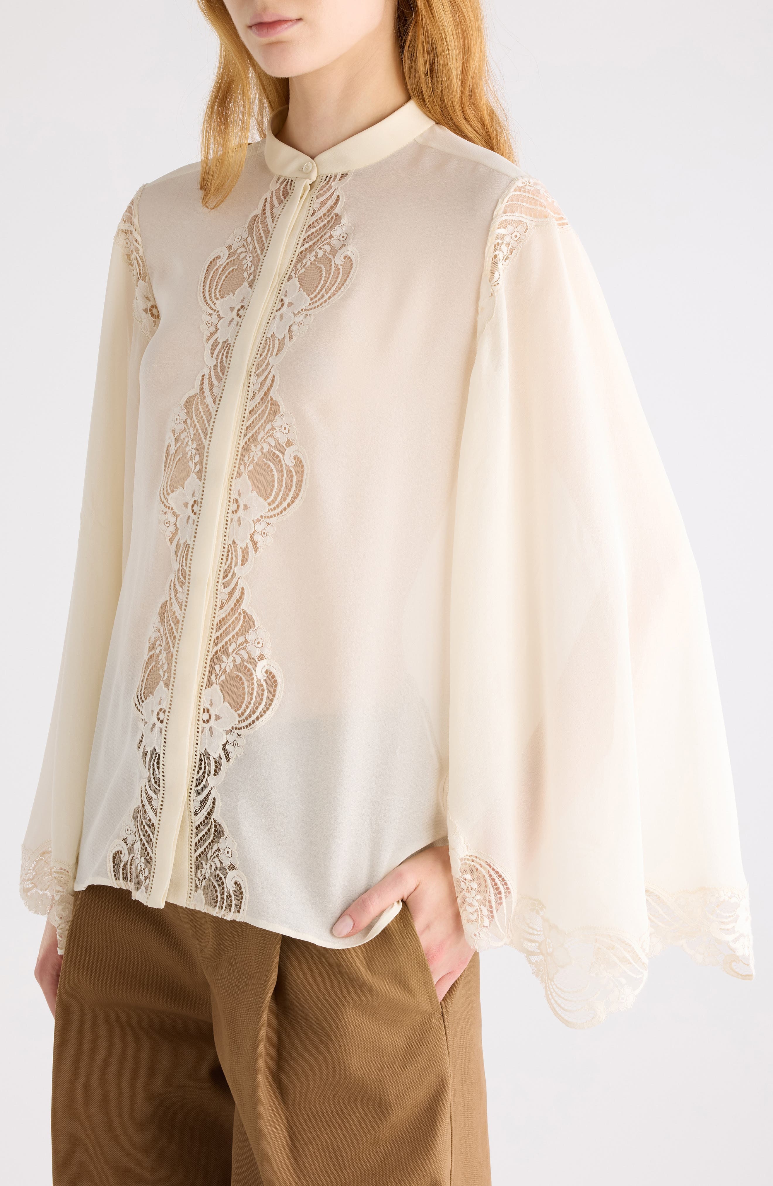 Chloé Silk Georgette & Lace Shirt in Pristine White at Nordstrom - 5