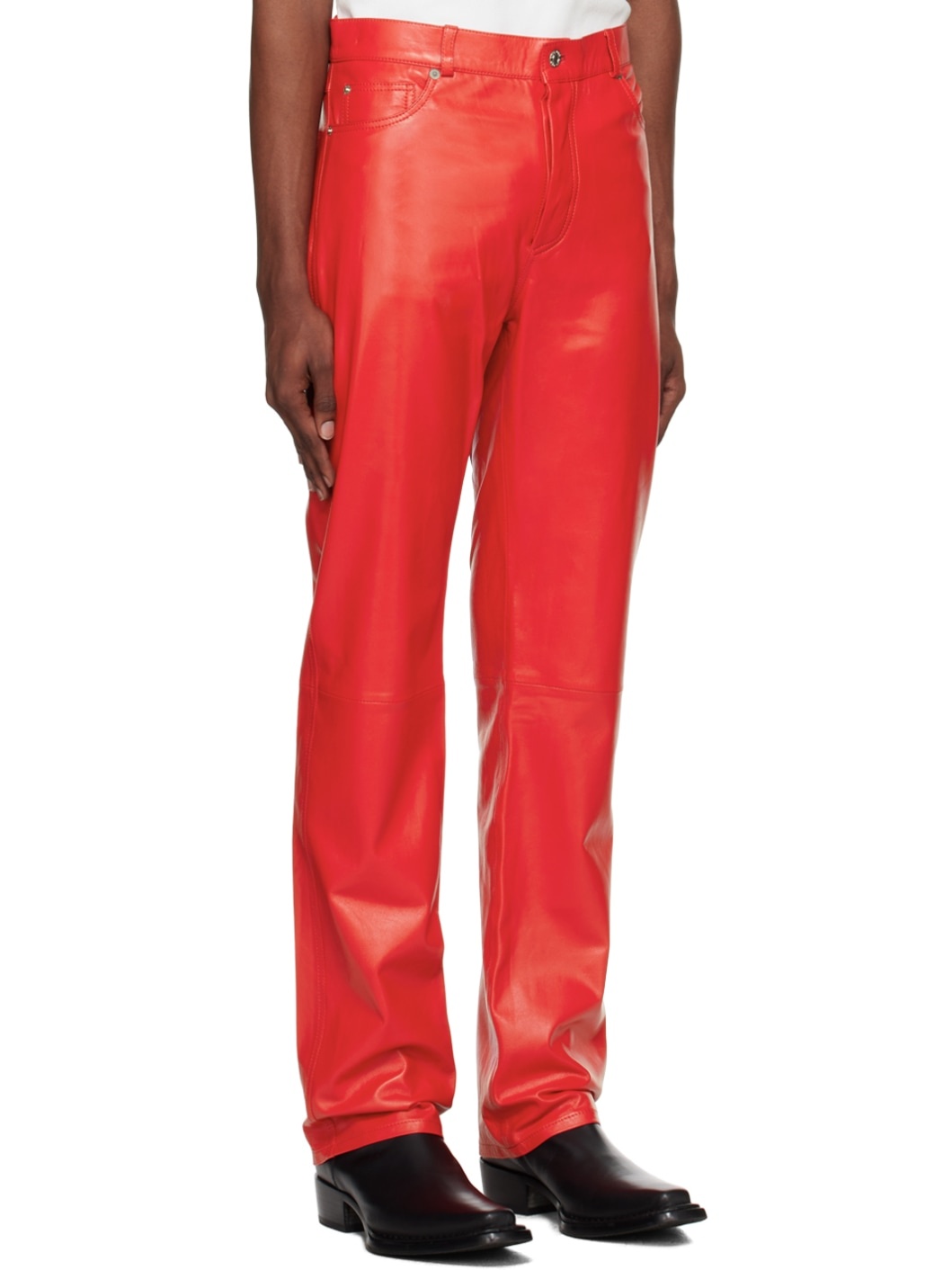 Red Straight Leg Leather Pants - 2