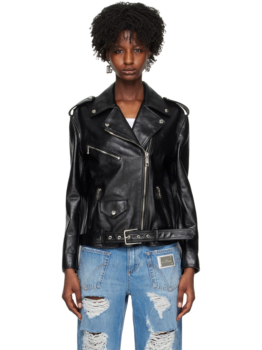 Black Pin-Buckle Belt Leather Jacket - 1