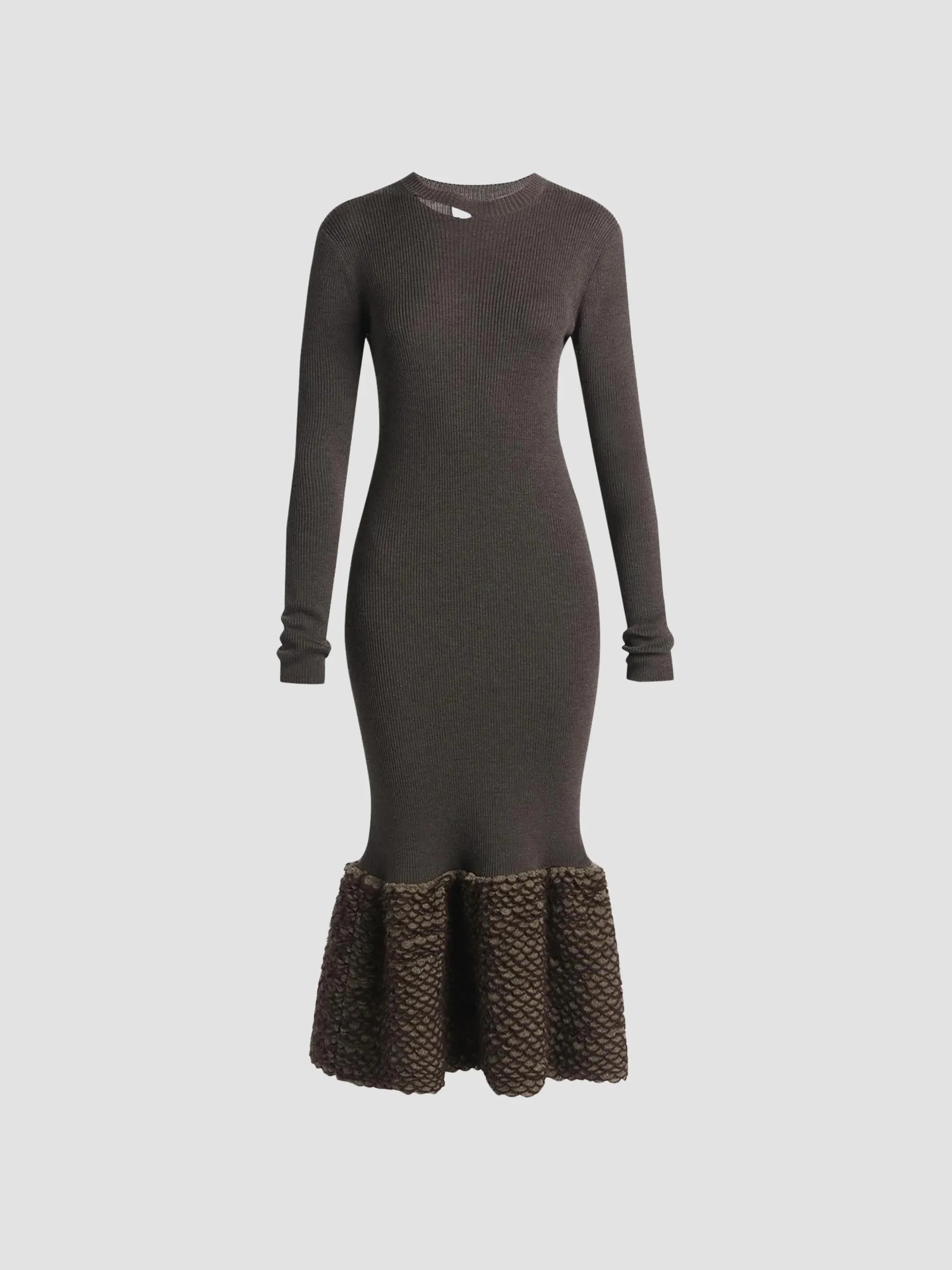 Women's Wool Knit Scallop Midi Dress - Brown - 1