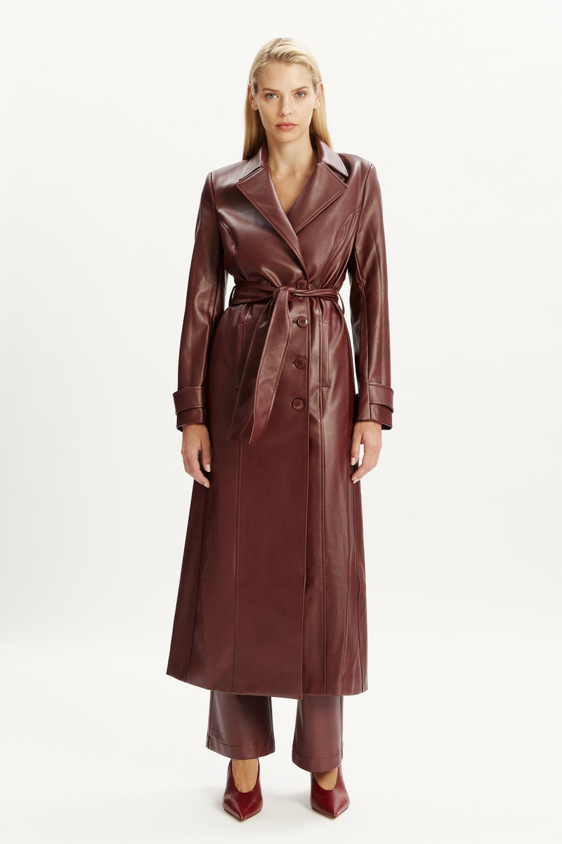 BARDOT Vegan Leather Longline Coat In Burgundy outlook