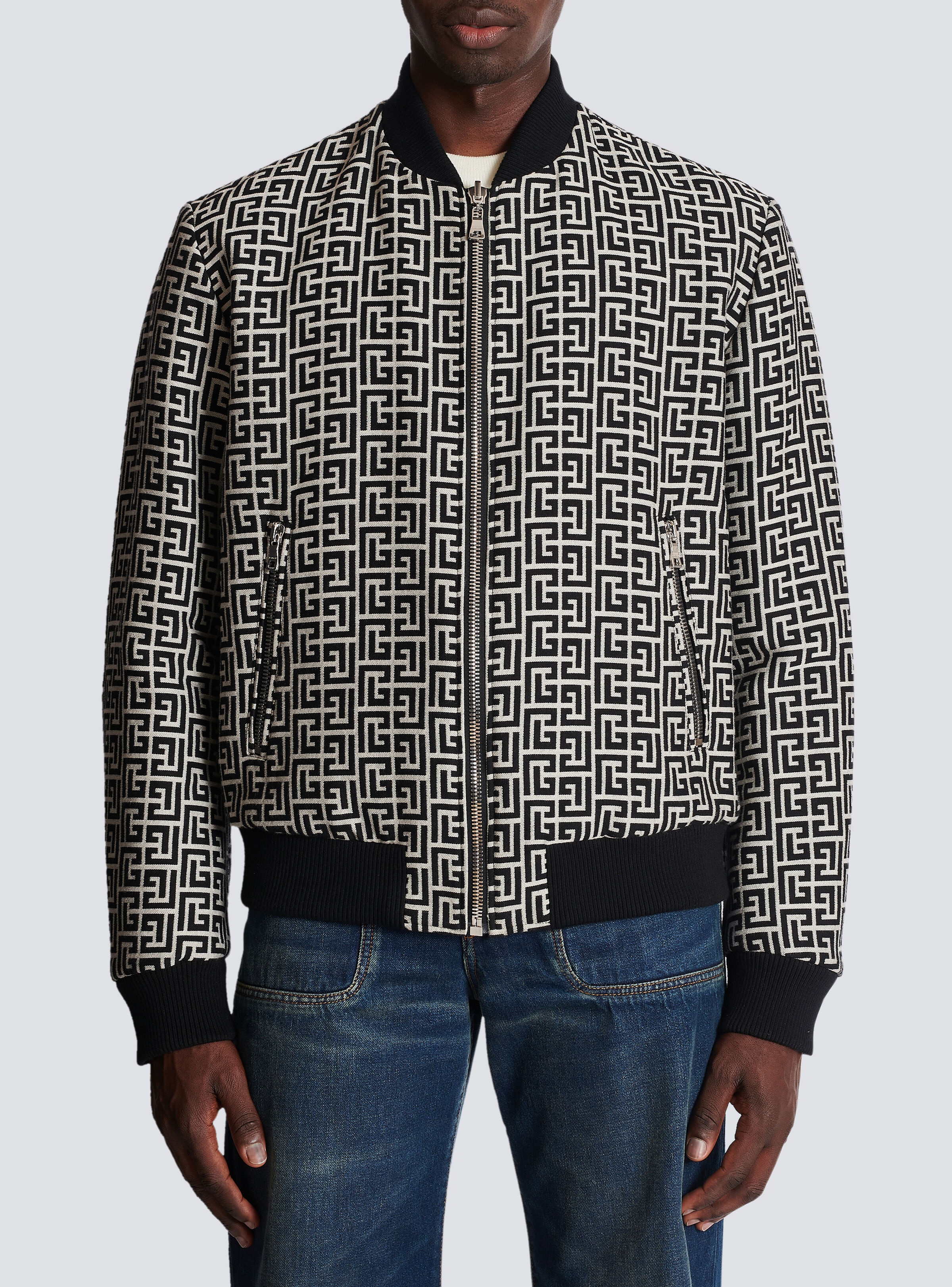 Balmain Overshirt In Denim With Monogram Pattern in Gray for Men