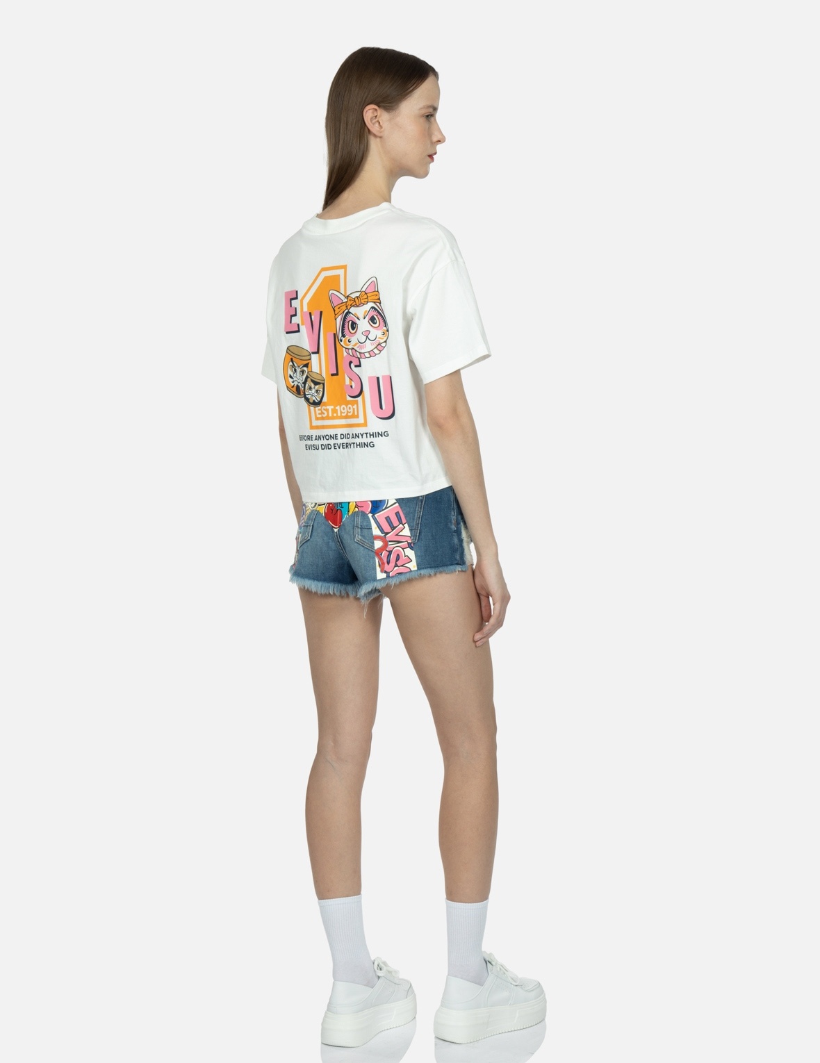 GRAFFITI DARUMA DAICOCK PRINT DENIM SHORTS - 3