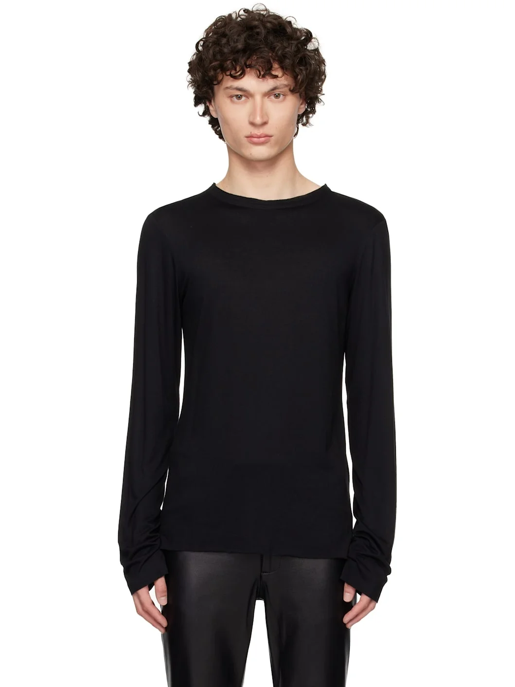 Black Satin Trim Long Sleeve T-shirt - 1