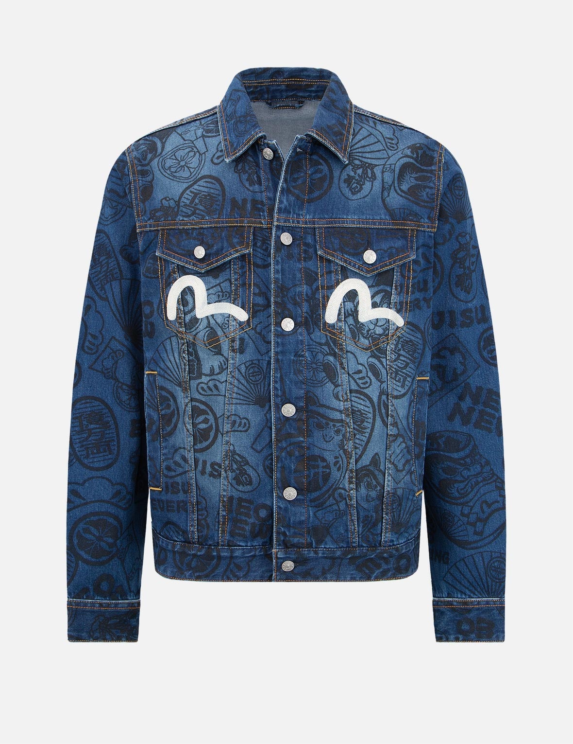 EVISU ALLOVER EVISU SQUAD DISCHARGE-PRINT DENIM JACKET | REVERSIBLE