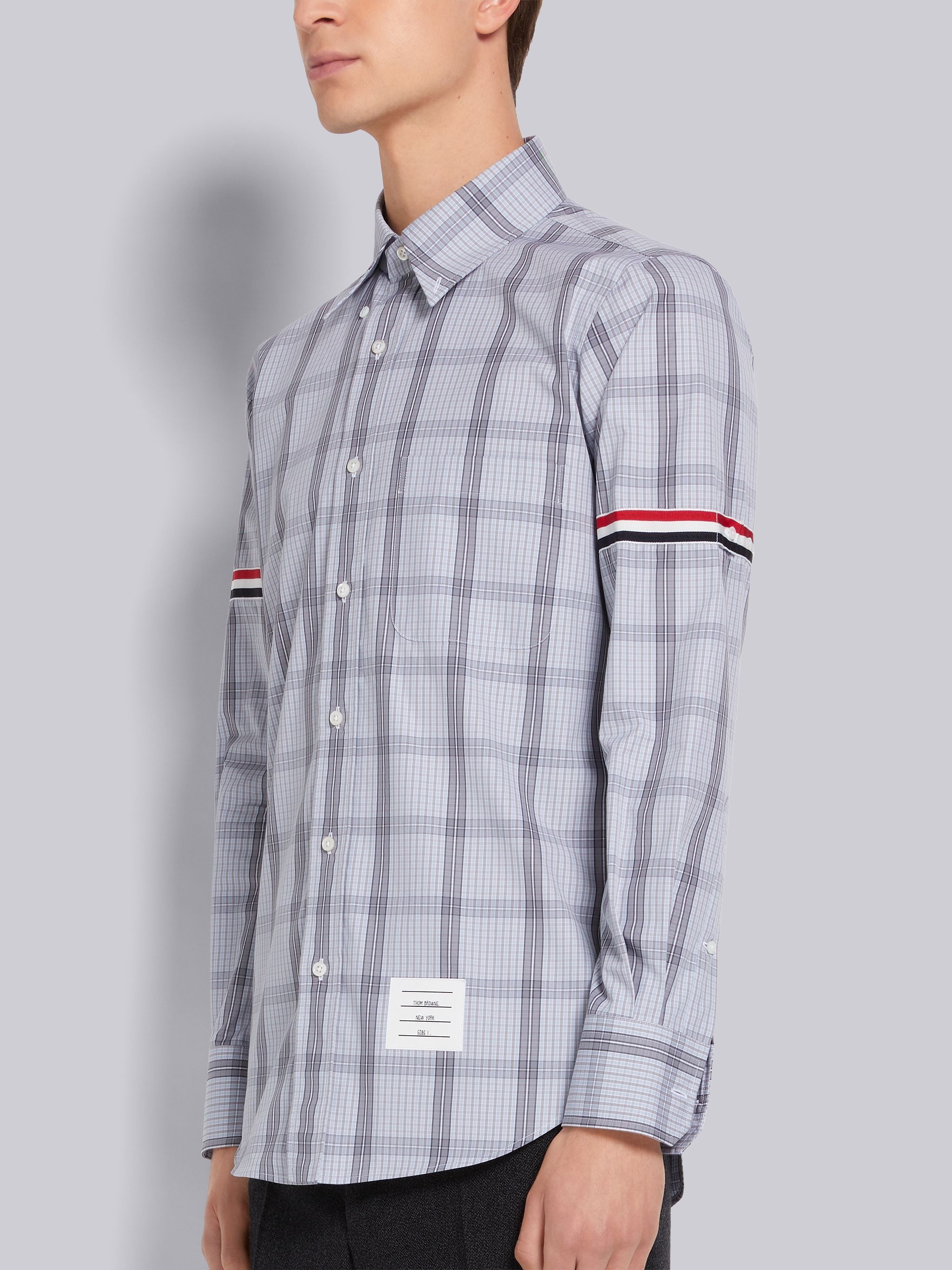 Medium Grey Small Grid Windowpane Check Poplin Grosgrain Armband Straight Fit Shirt - 2