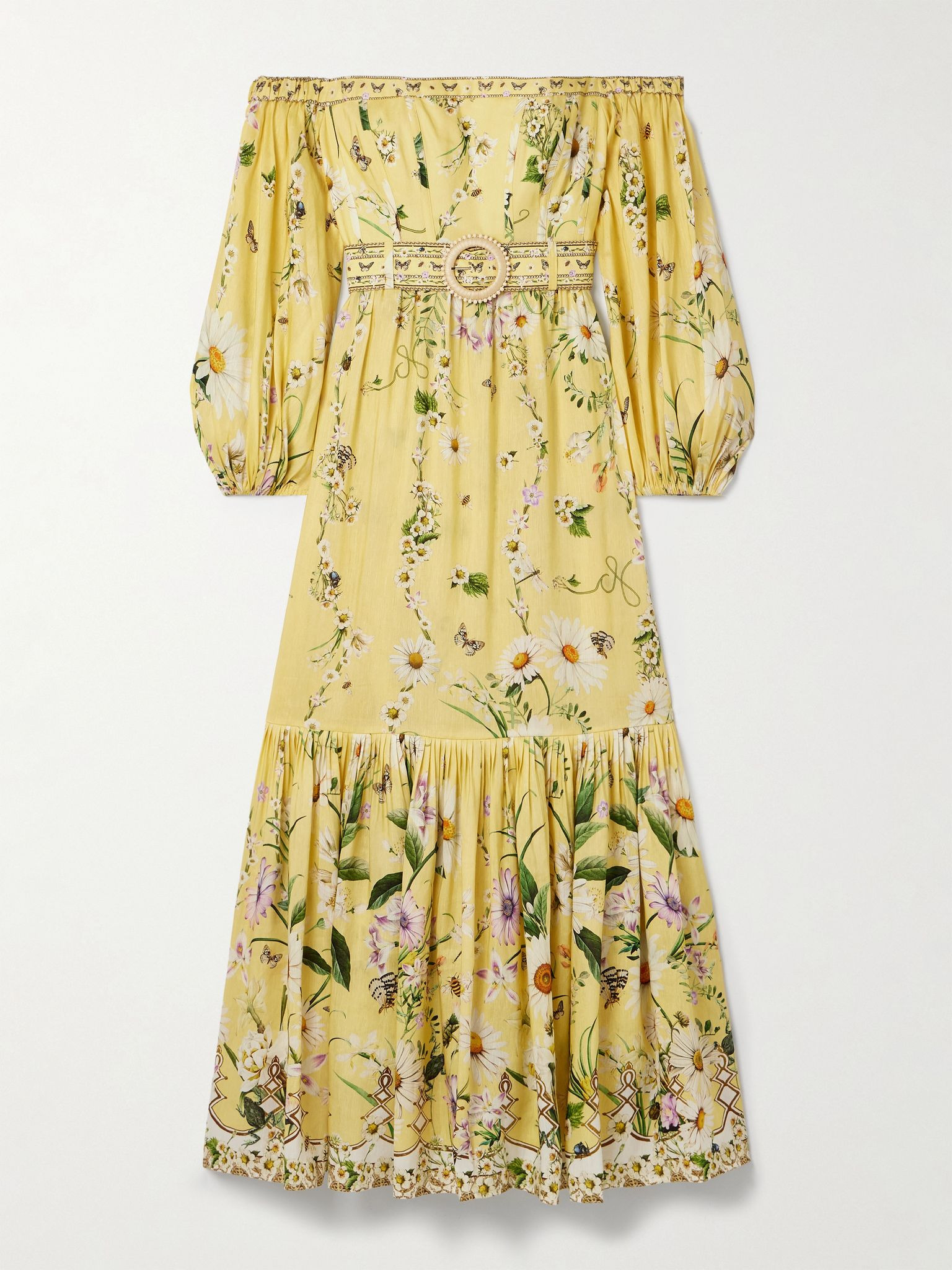 Off-the-shoulder gathered floral-print linen and silk-blend maxi dress Yellow - 1