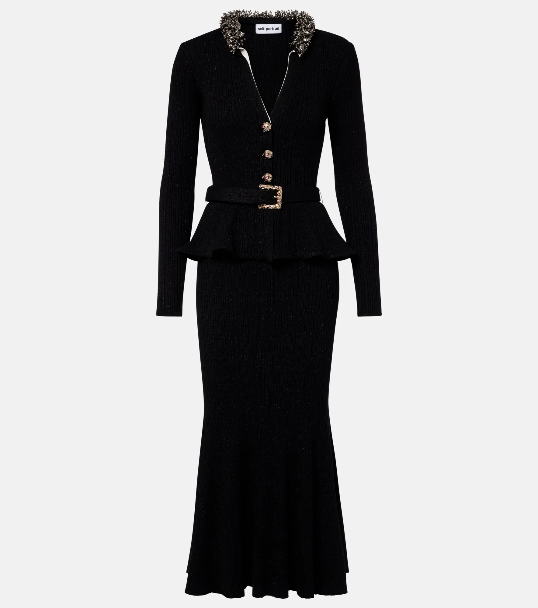 Belted embellished ribbed-knit midi dress - 1