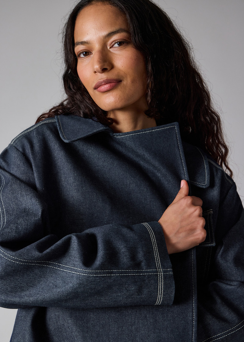 Denim Cotton-Blend Cropped Asymmetric Jacket with Topstitching 13