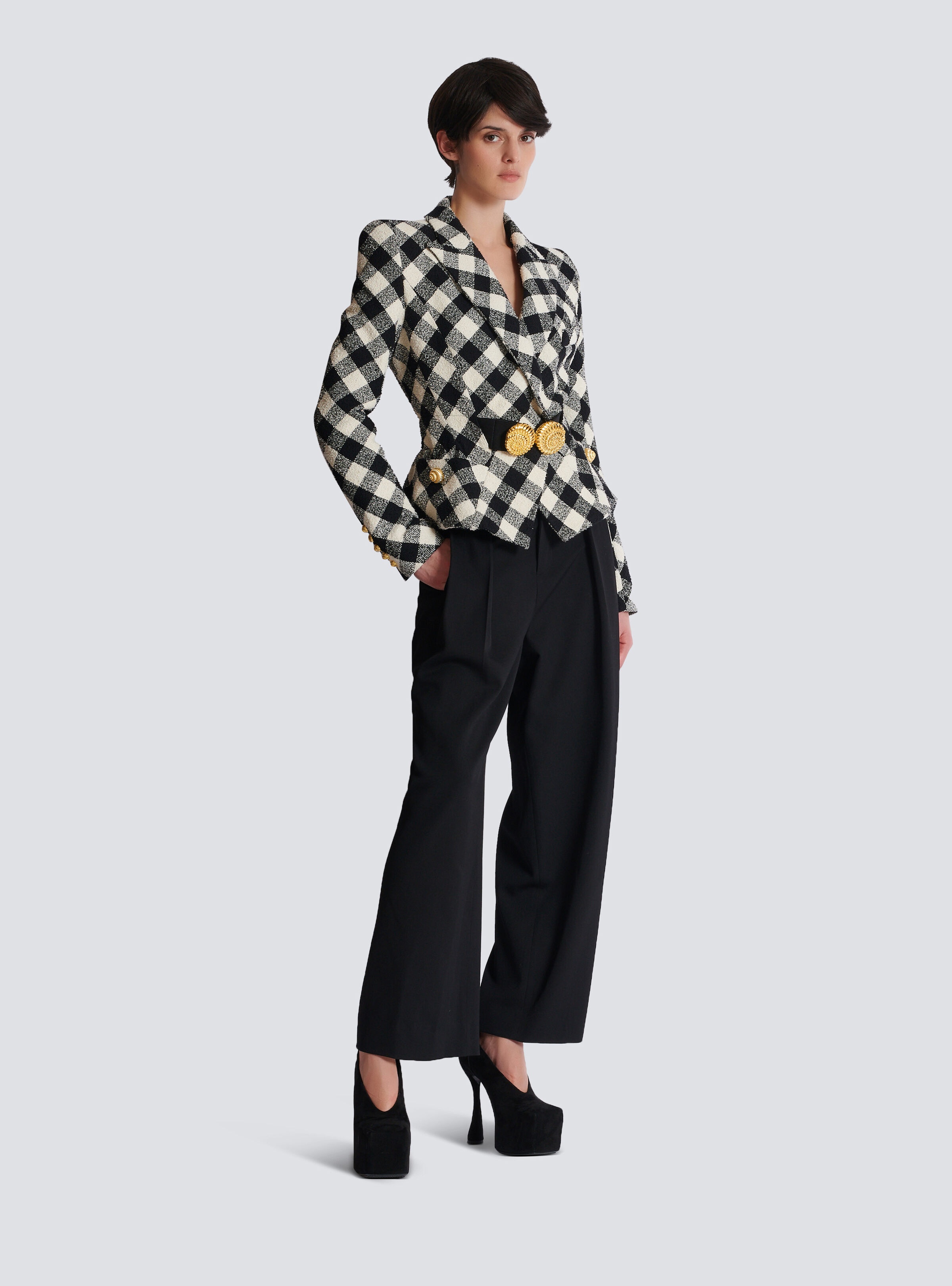 Belted gingham tweed jacket with two Snail buttons - 2