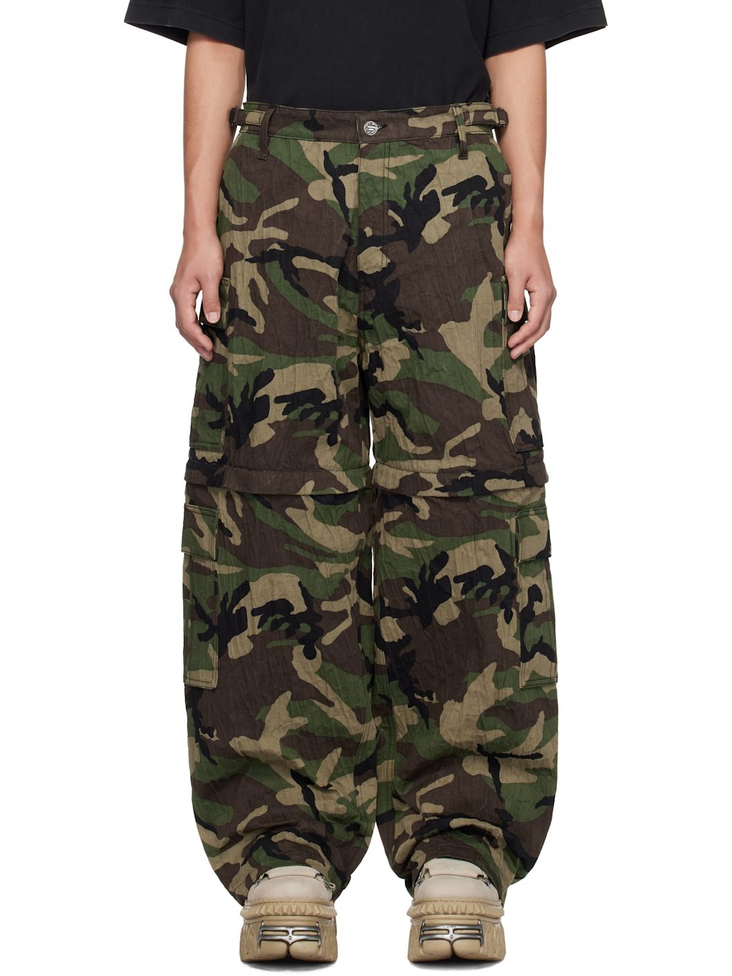 Khaki Runway Metalized Wrinkled Cargo Pants - 1