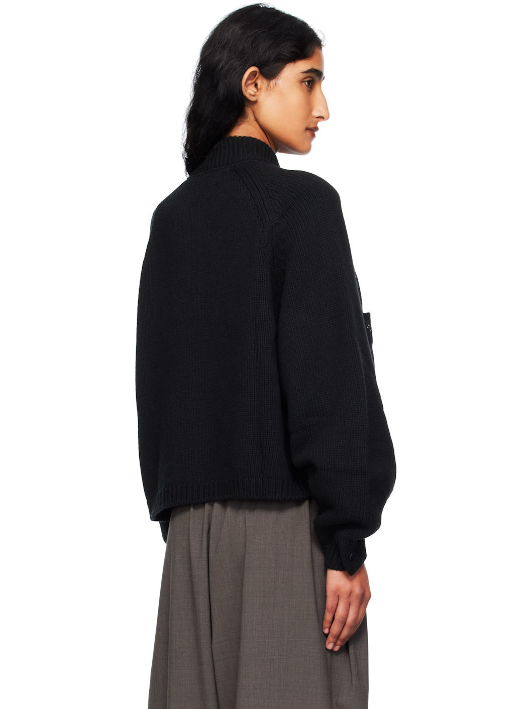 Black Merino Wool Stitched Cardigan - 3
