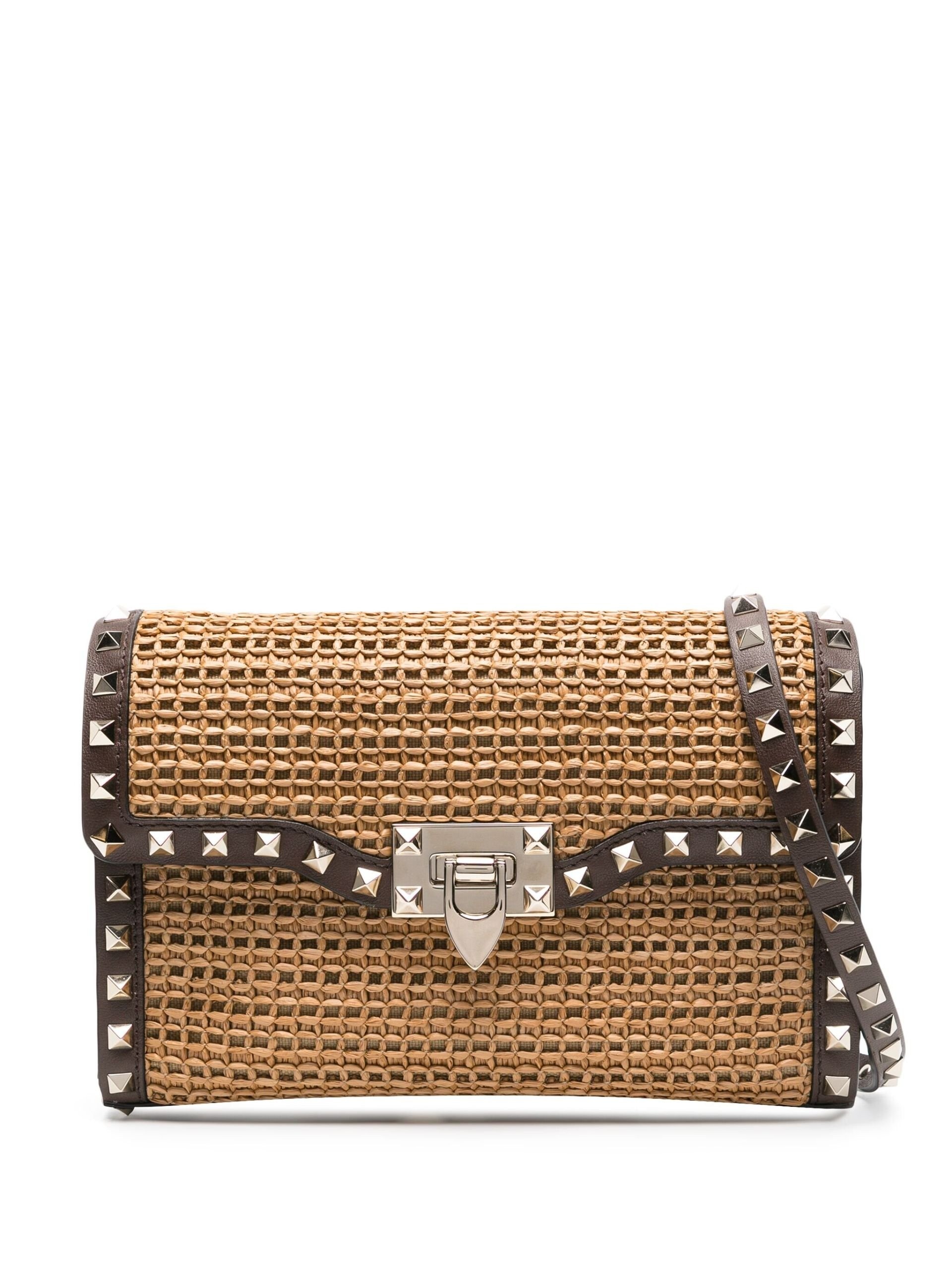 Brown Rockstud Straw Cross Body Bag - 1