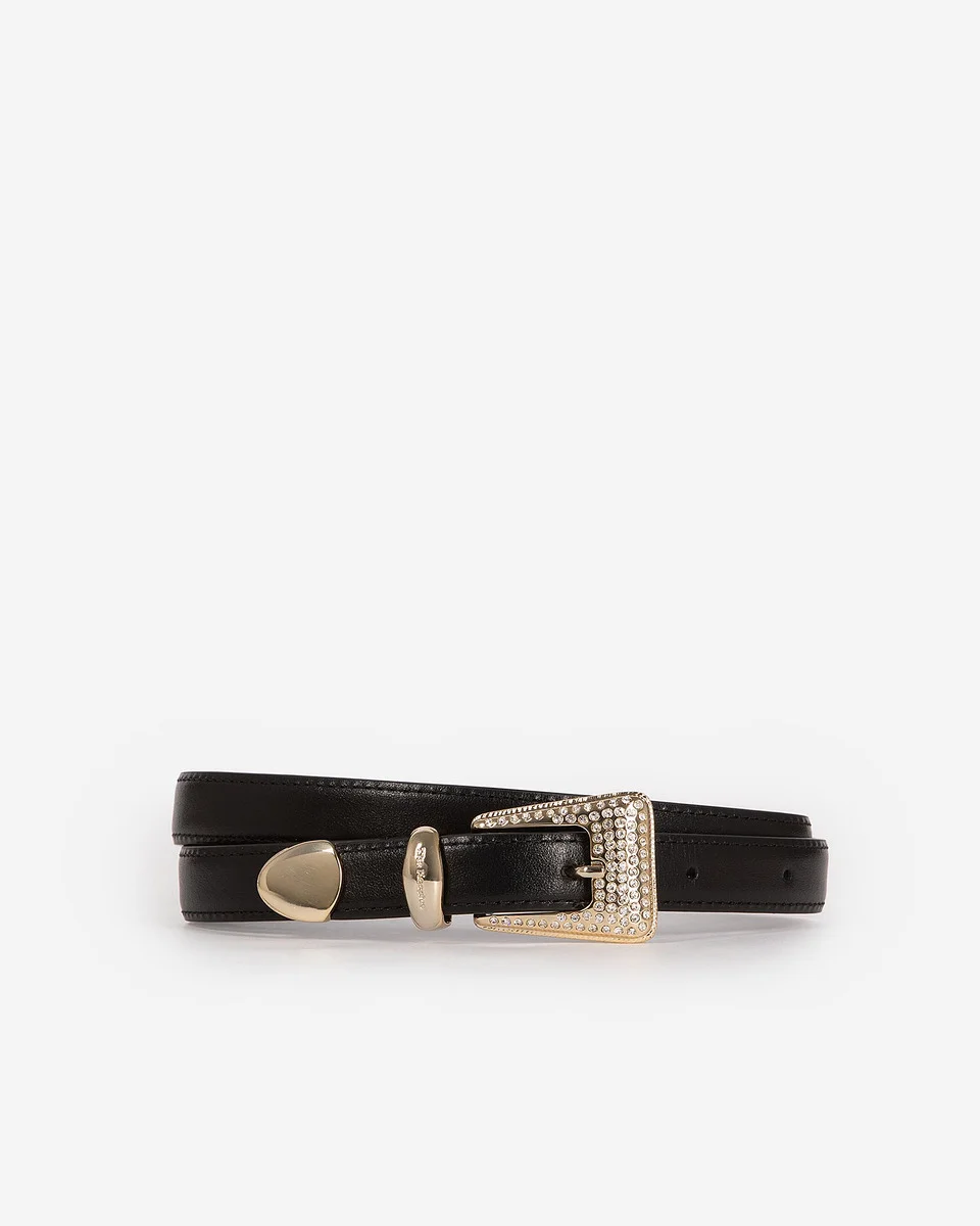 BLACK LEATHER WESTERN BUCKLE BELT IN GOLD WITH RHINESTONES - 1
