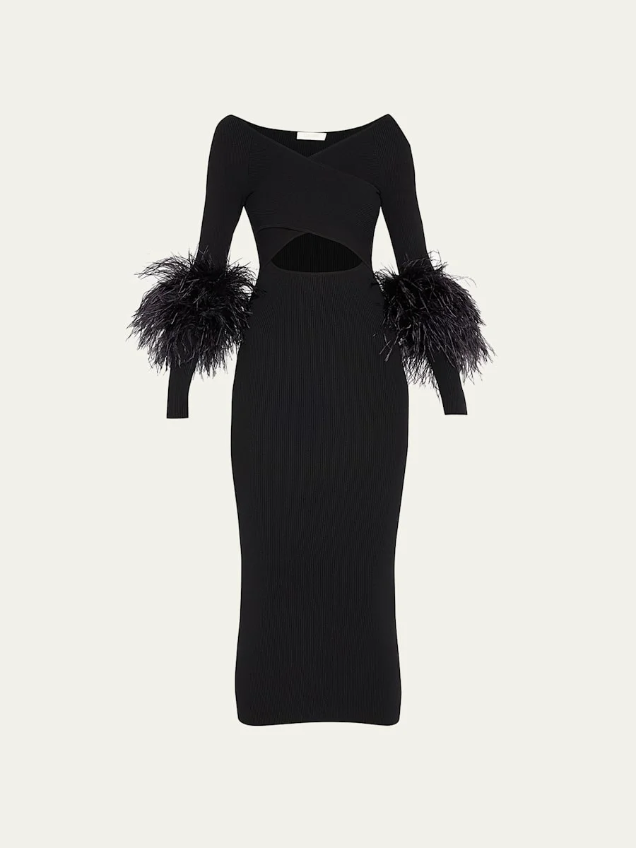 Criss-Cross Cutout Midi Dress w/ Feather Trim - 1