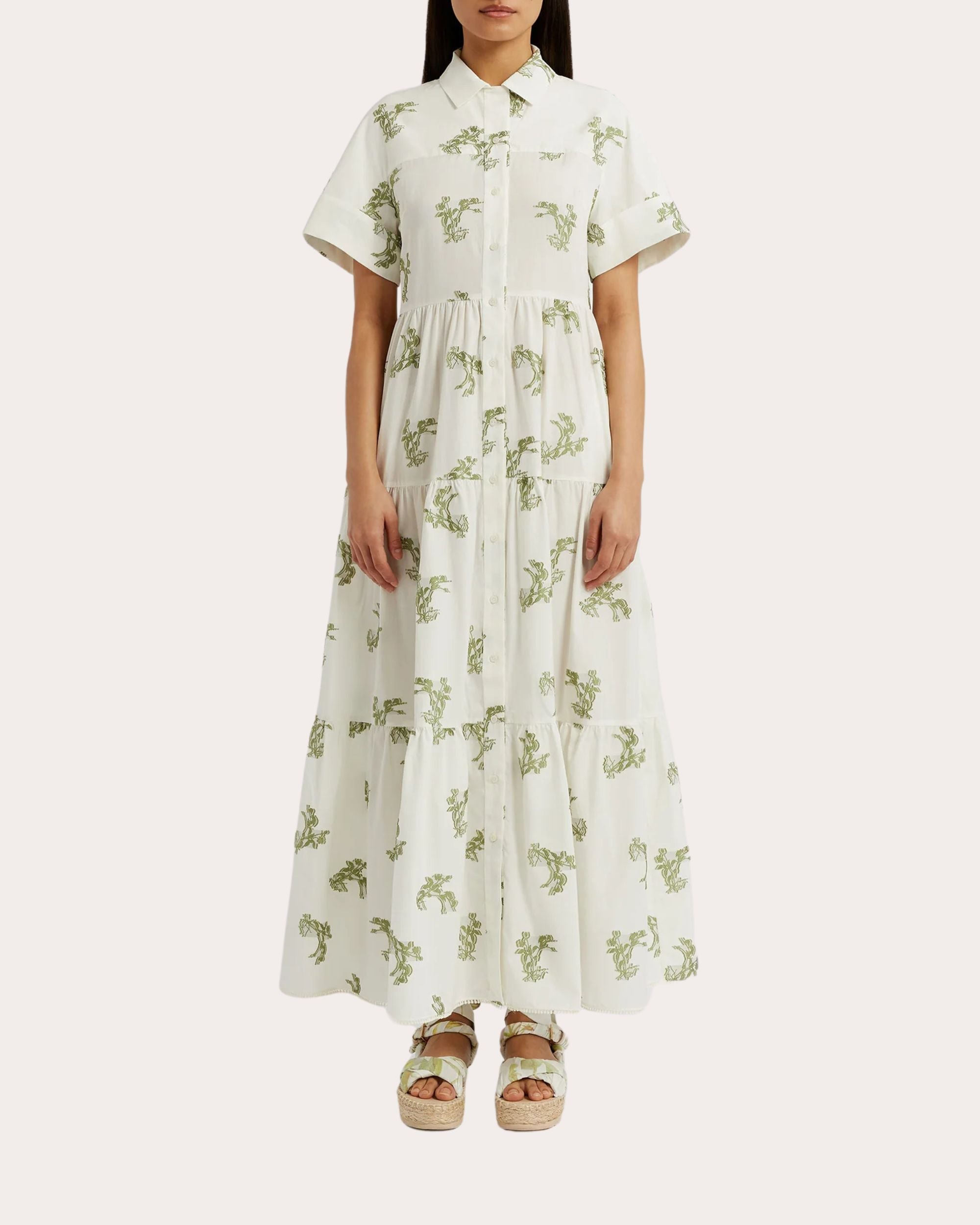 Floral Pattern Cotton Midi Shirt Dress - 4
