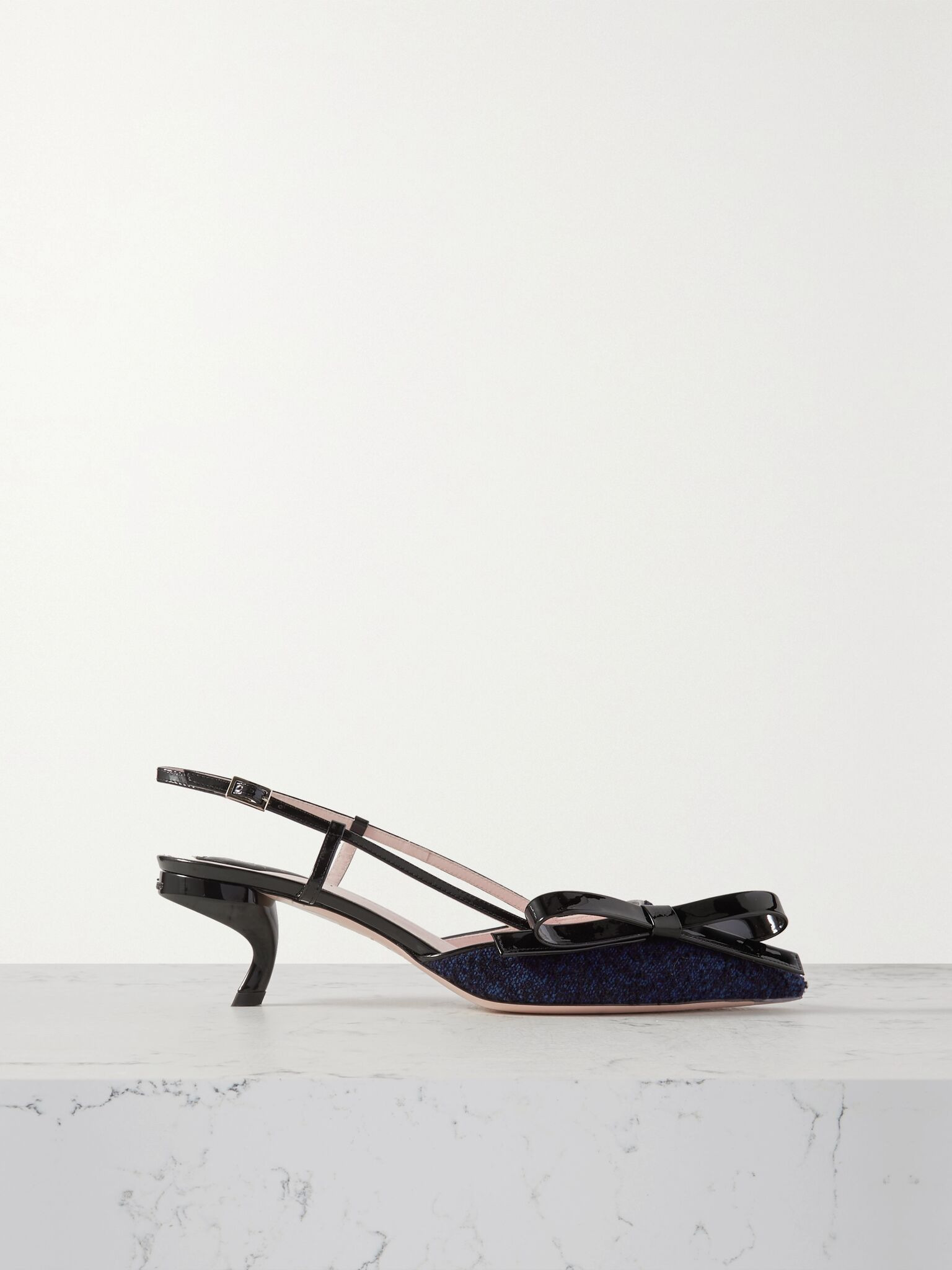 Virgule 55 patent-leather and bouclé-tweed slingback pumps Navy - 1